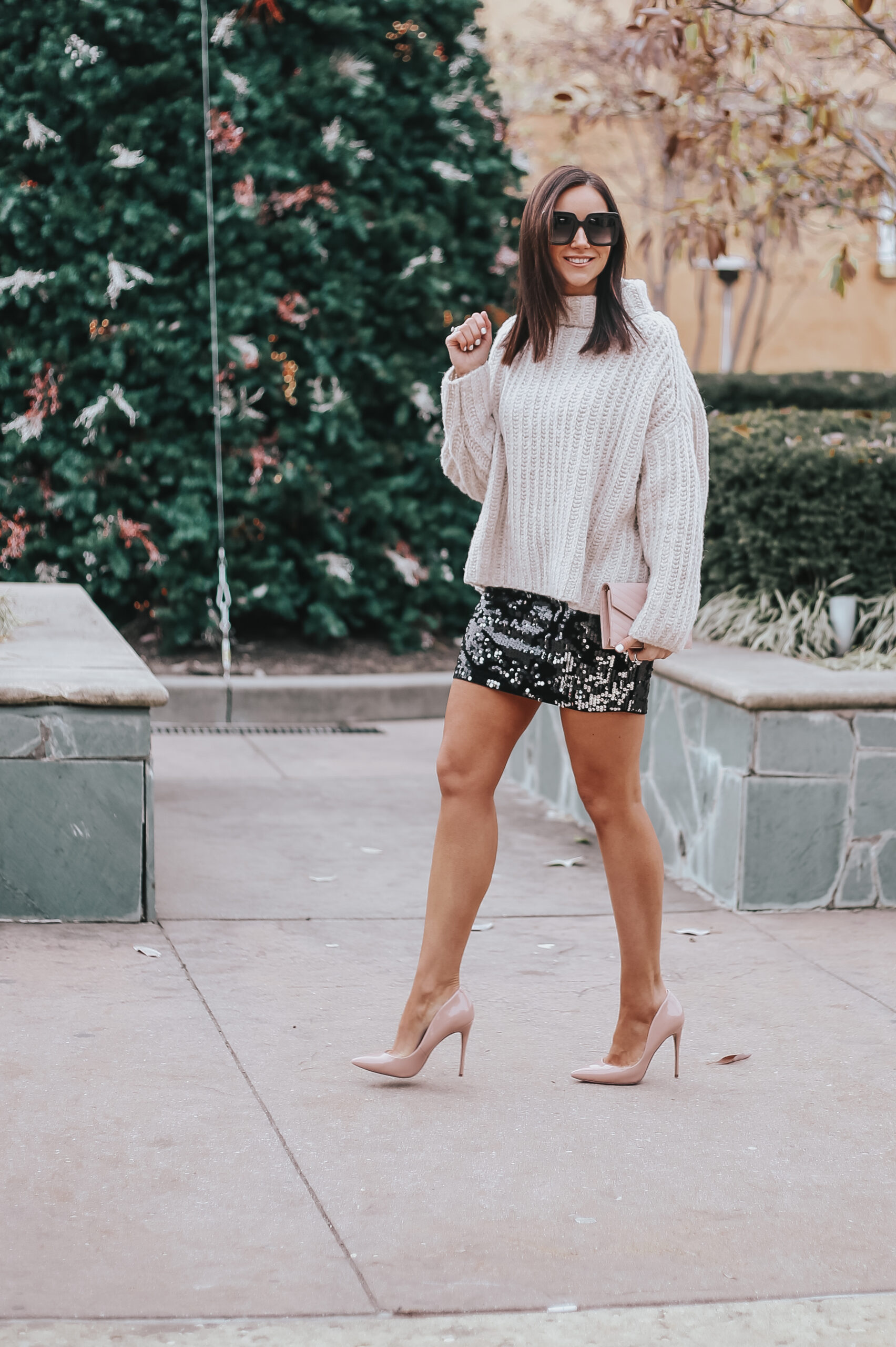 mini sequin skirt, new year's eve outfit ideas, cozy sweater with mini skirt, nude pumps