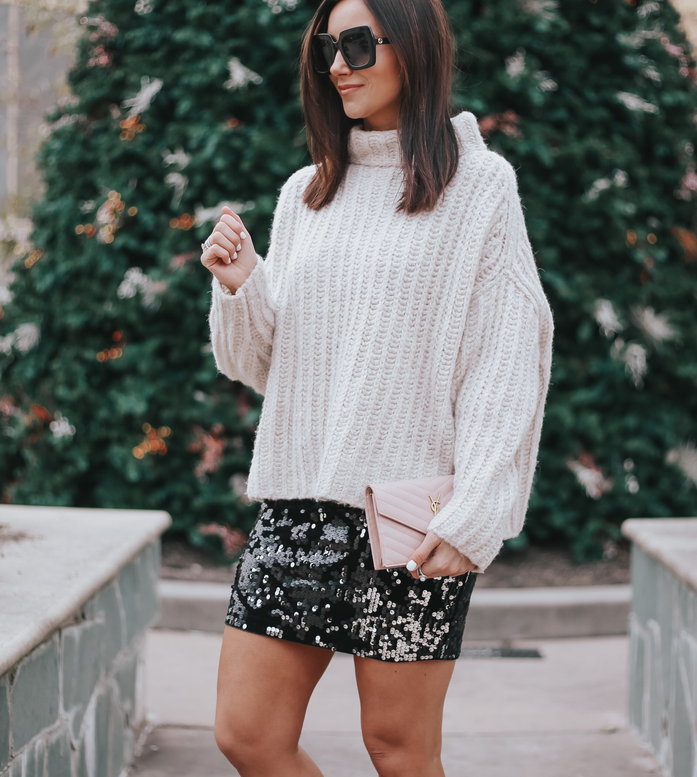 how to dress for cold new year's eve, new year's eve outfit with short sequin skirt