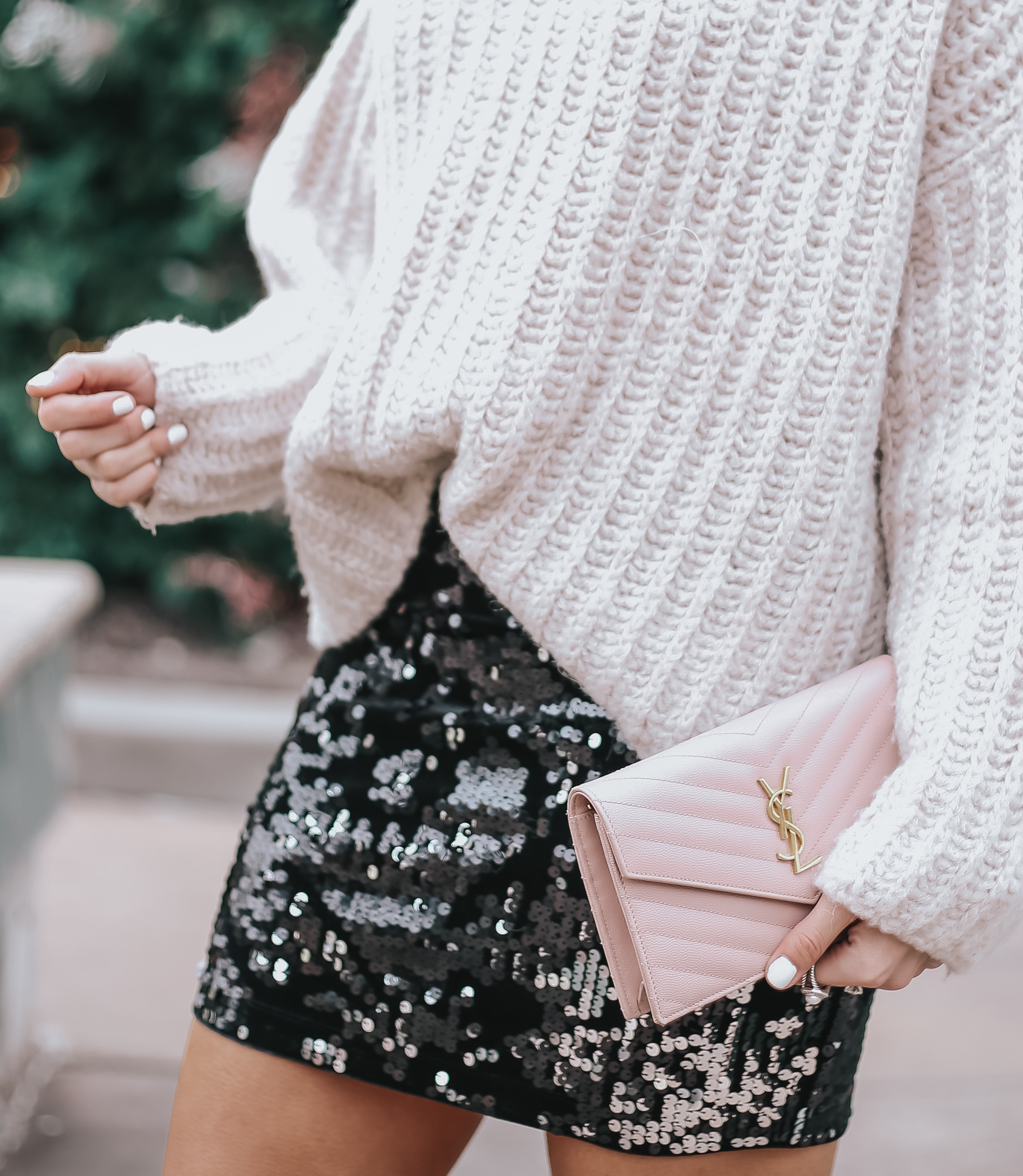 how to style sequins for the holidays, how to style chunky sweater with mini skirt