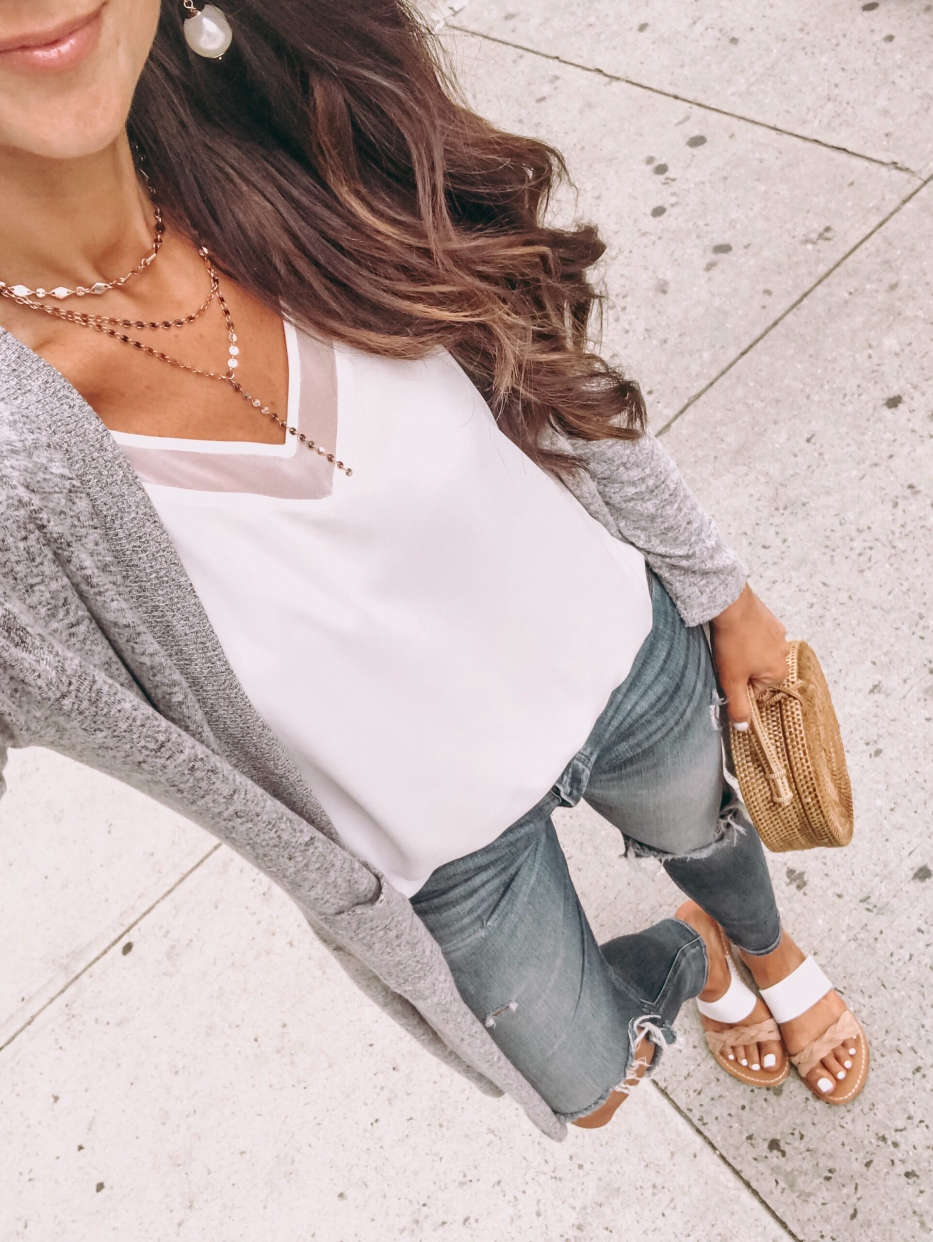 cute outfit with white tank top, outfit with grey cardigan