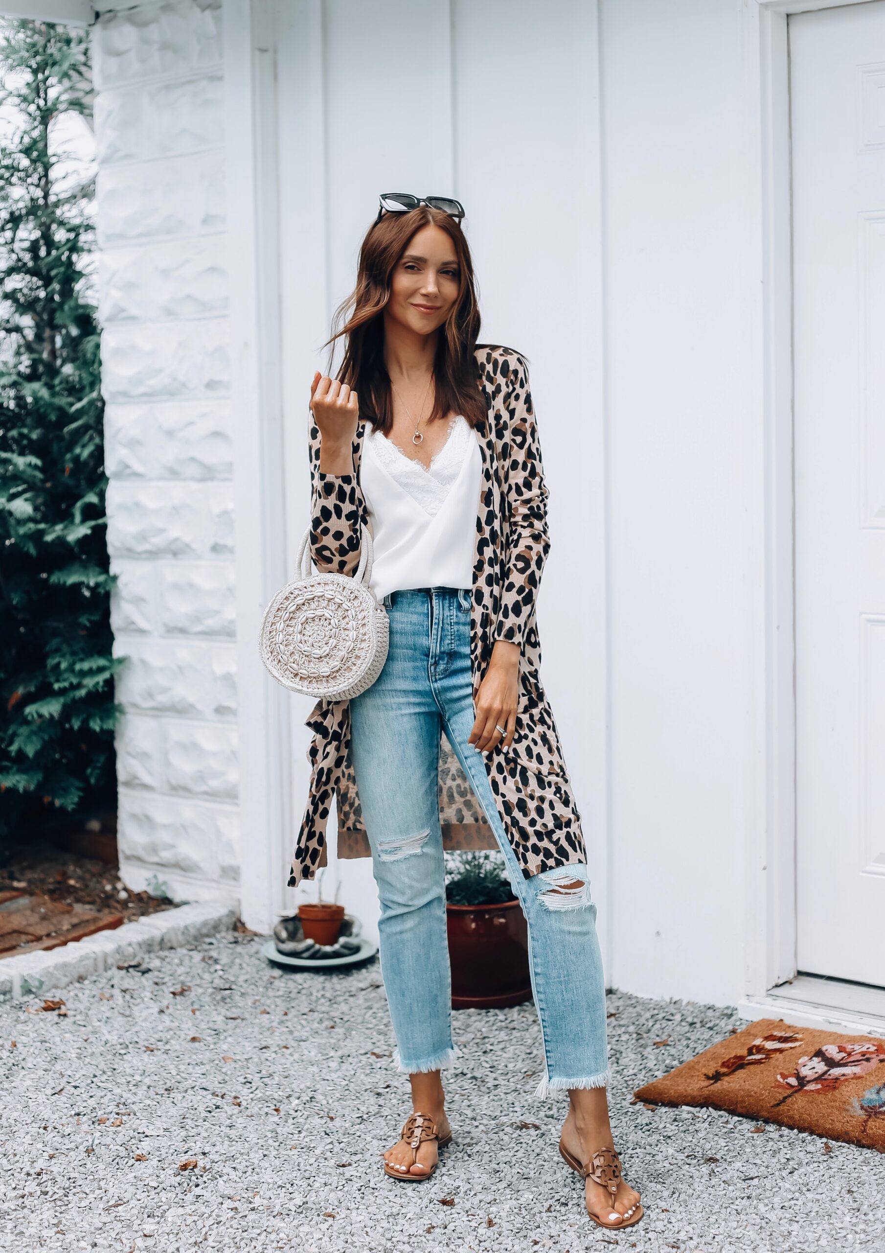 mom jeans outfit with leopard cardigan and tory burch miller sandals -  Blushing Rose Style Blog