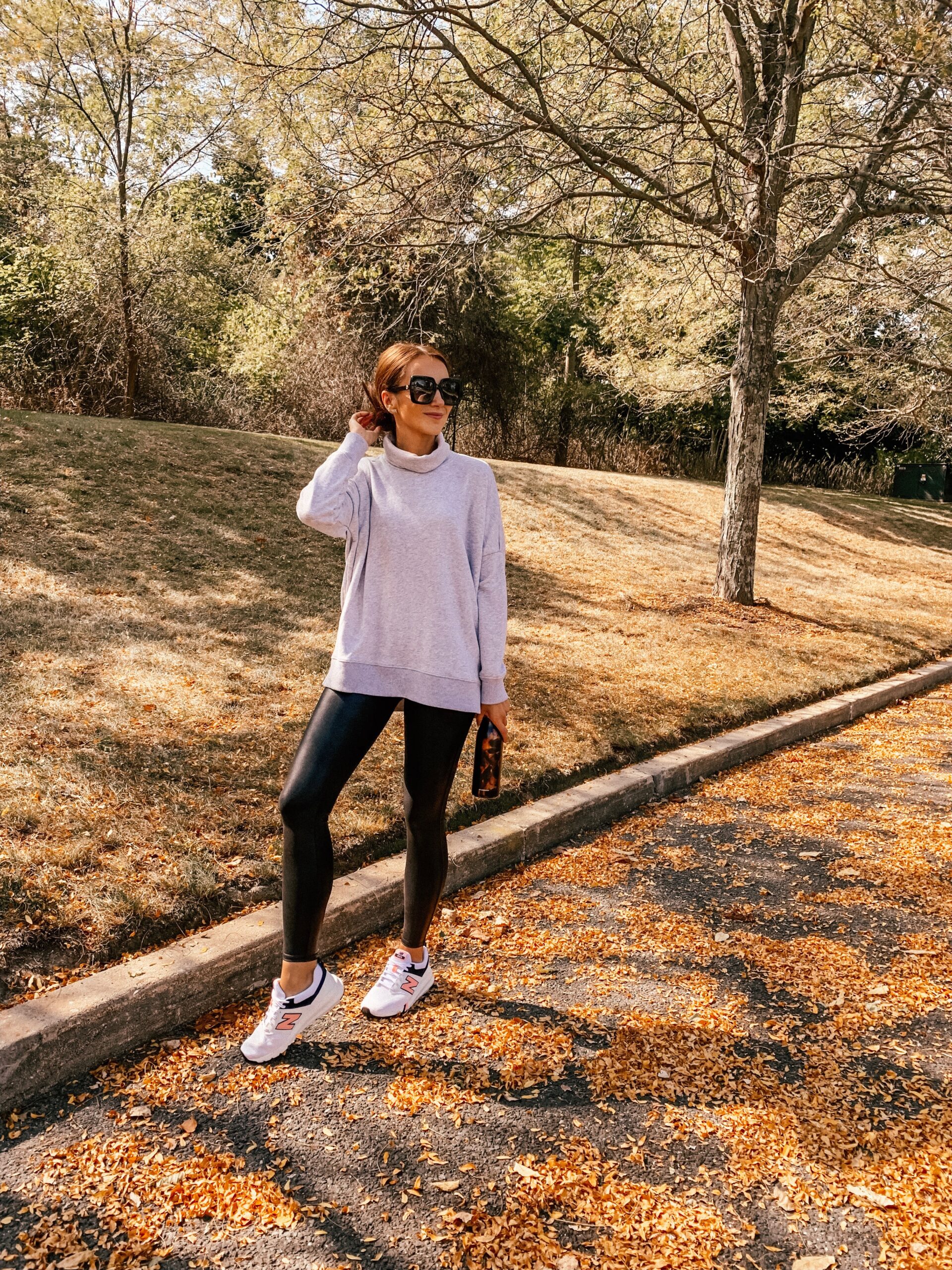 Faux leather leggings, Fall Outfit, Sneakers, Sweatshirt