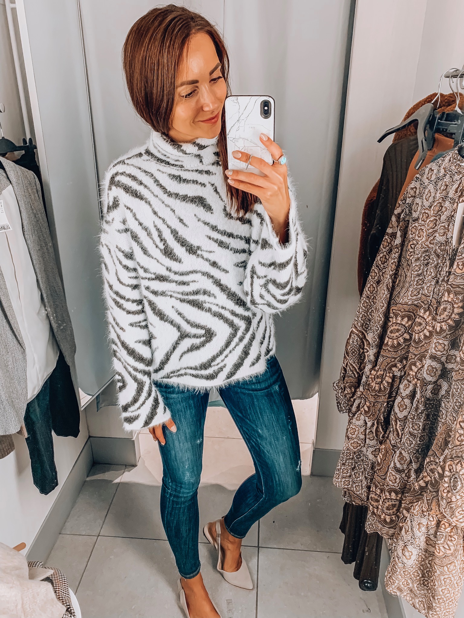 H&M try-on, zebra sweater