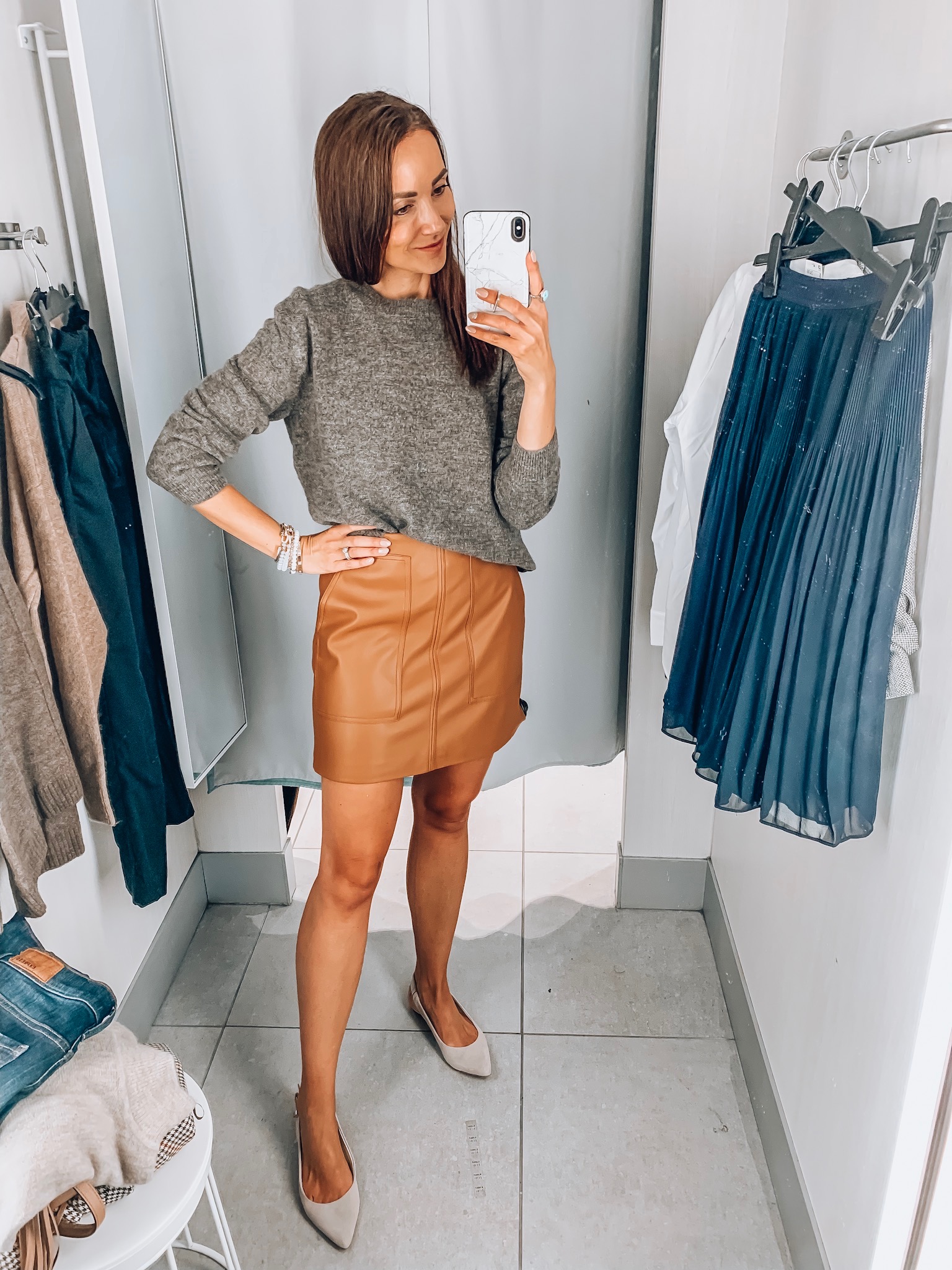 faux leather skirt, sweater, h&m try-on