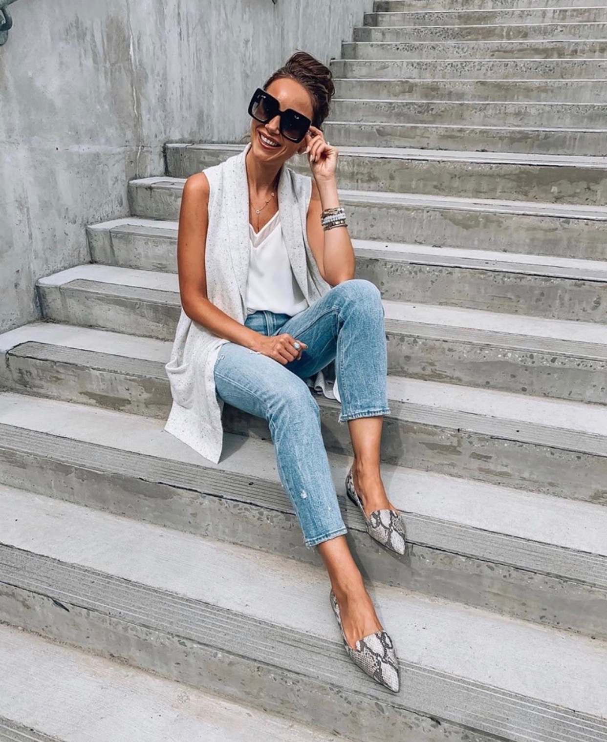 Snakeskin Loafers, Jeans, Sweater Vest