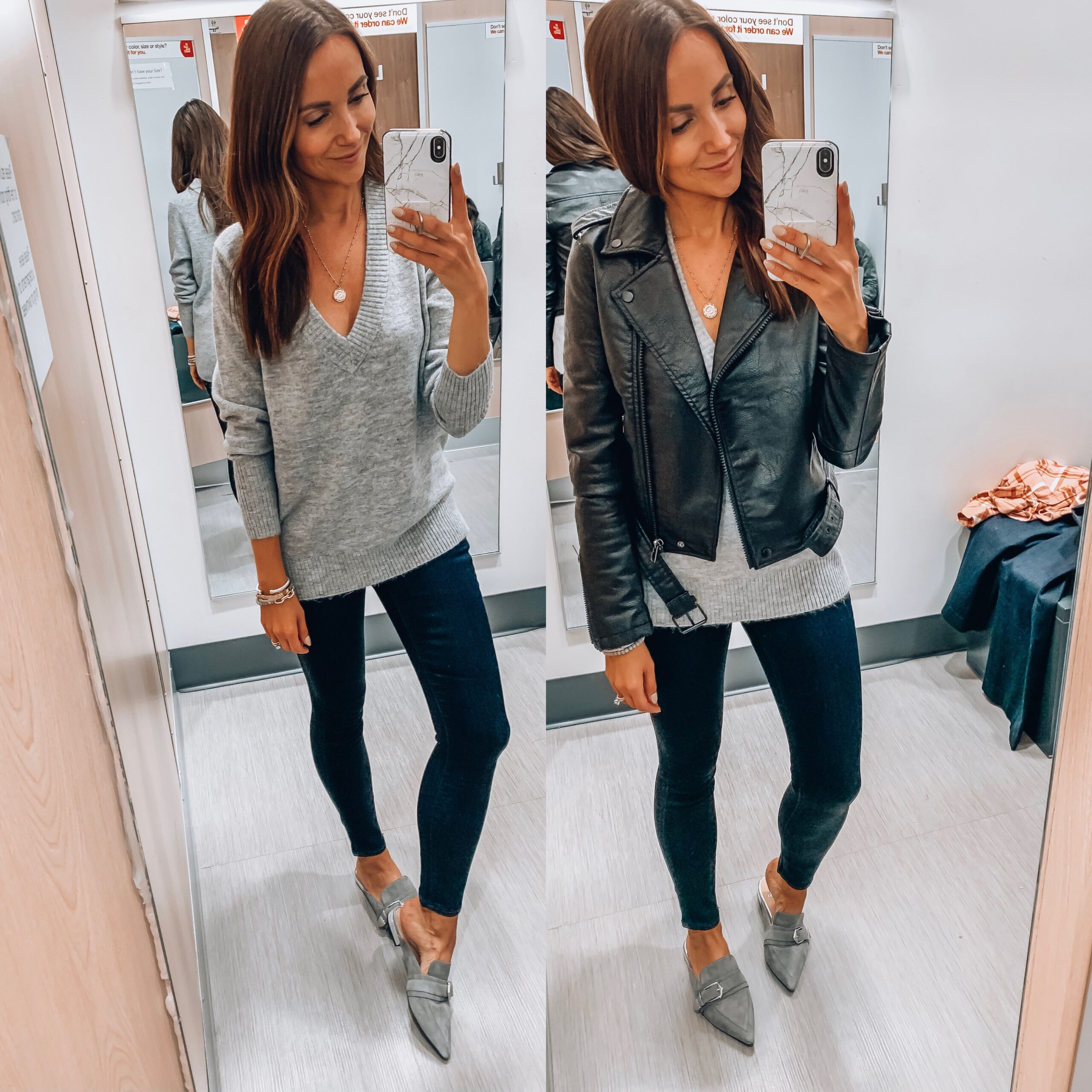 FALL OUTFIT IDEA, FALL OUTFIT WITH FAUX LEATHER MOTO JACKET, SKINNY JEANS 