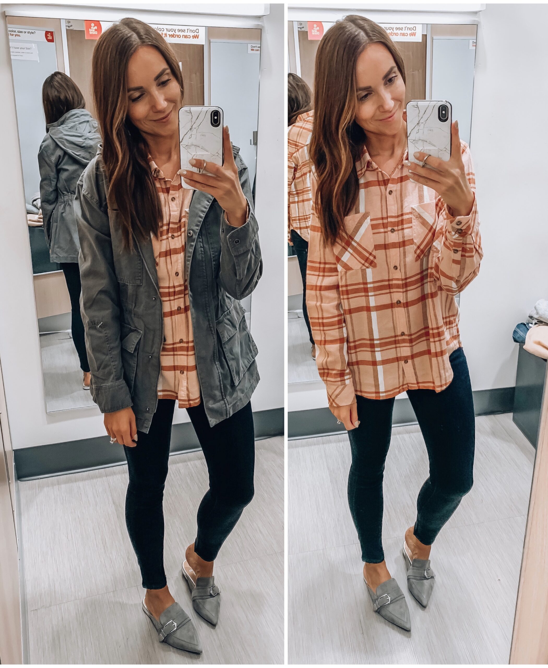 FLANNEL SHIRT WITH GREEN UTILITY JACKEY, FALL OUTFIT IDEAS, APPLE PICKING OUTFIT