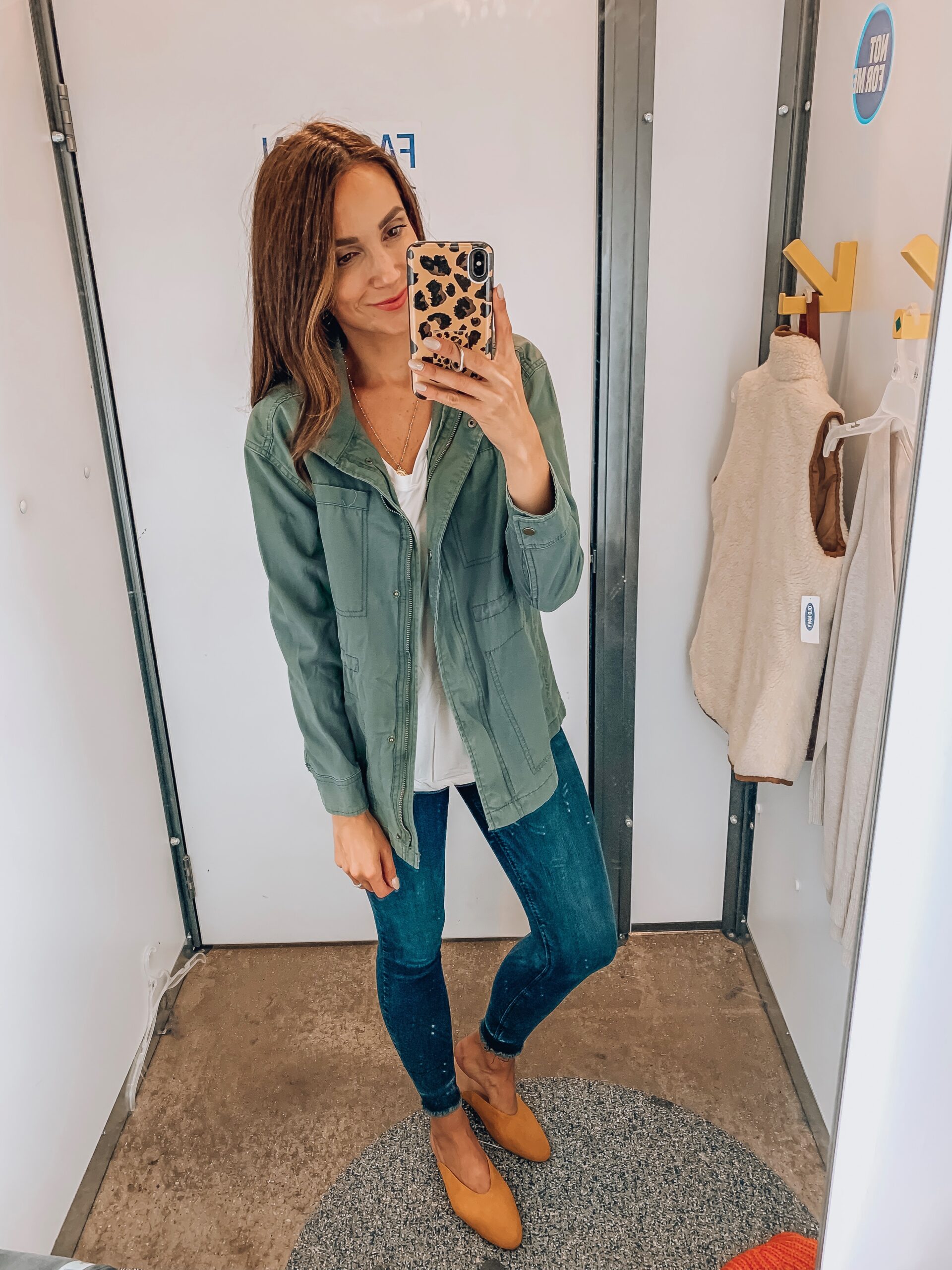 jacket, long tee, jeans, muiles