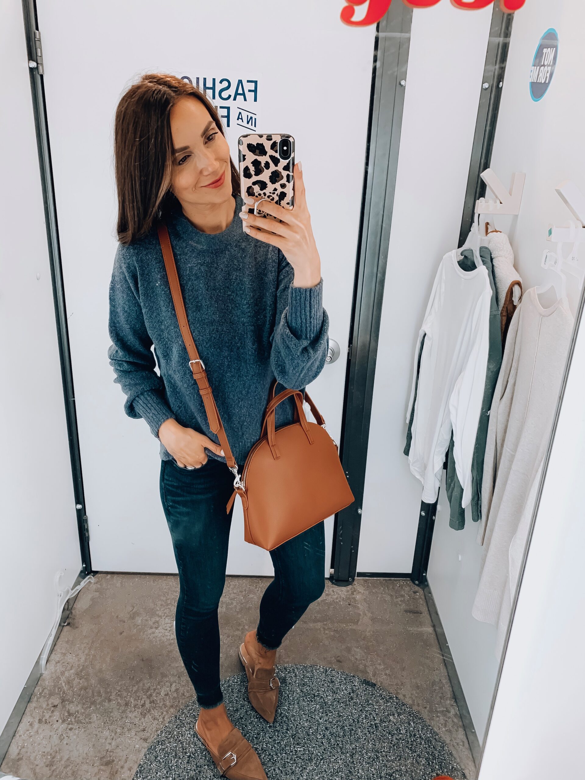 SWEATER, JEANS, BAG