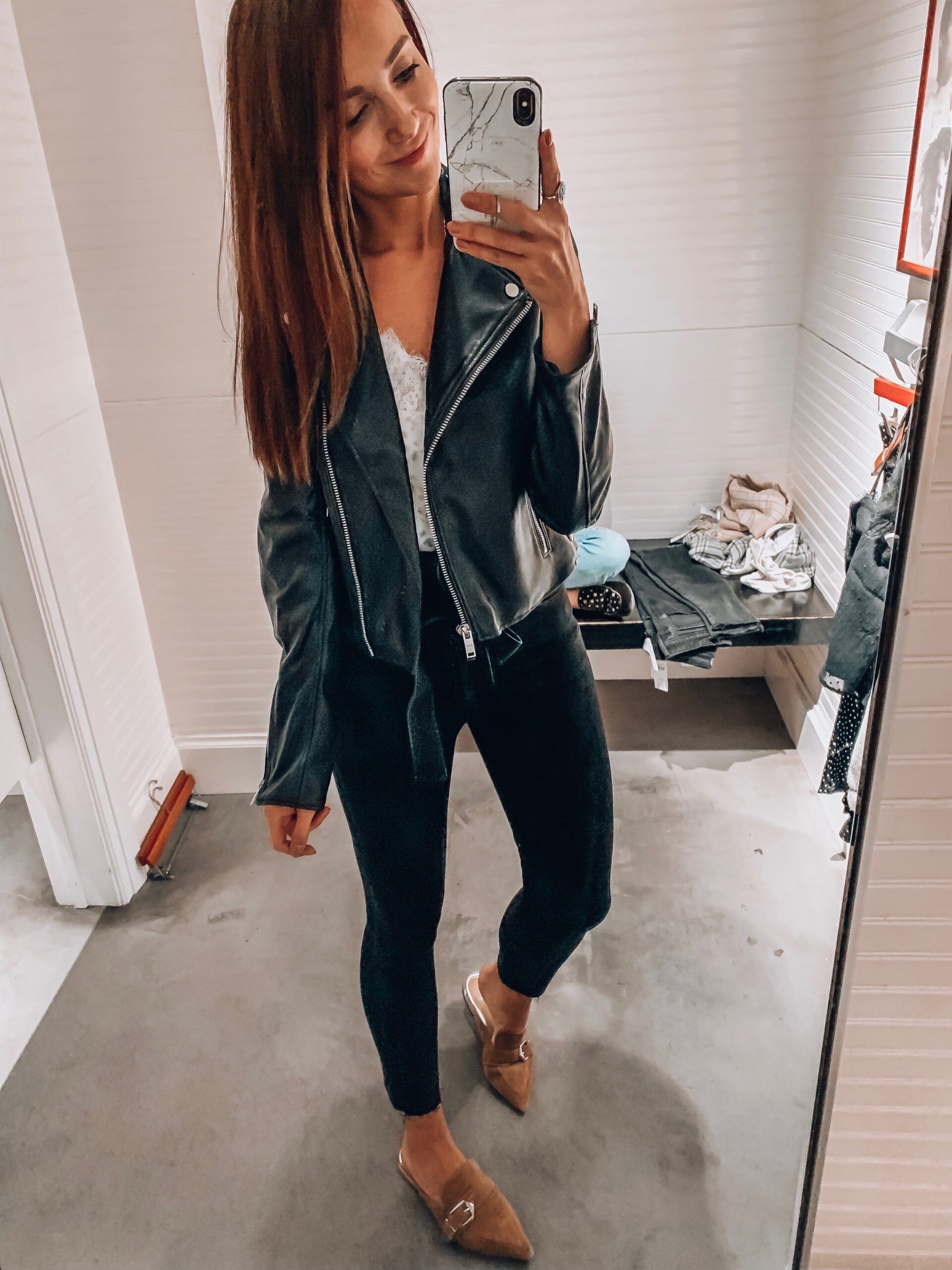 moto jacket, jeans, bodysuit