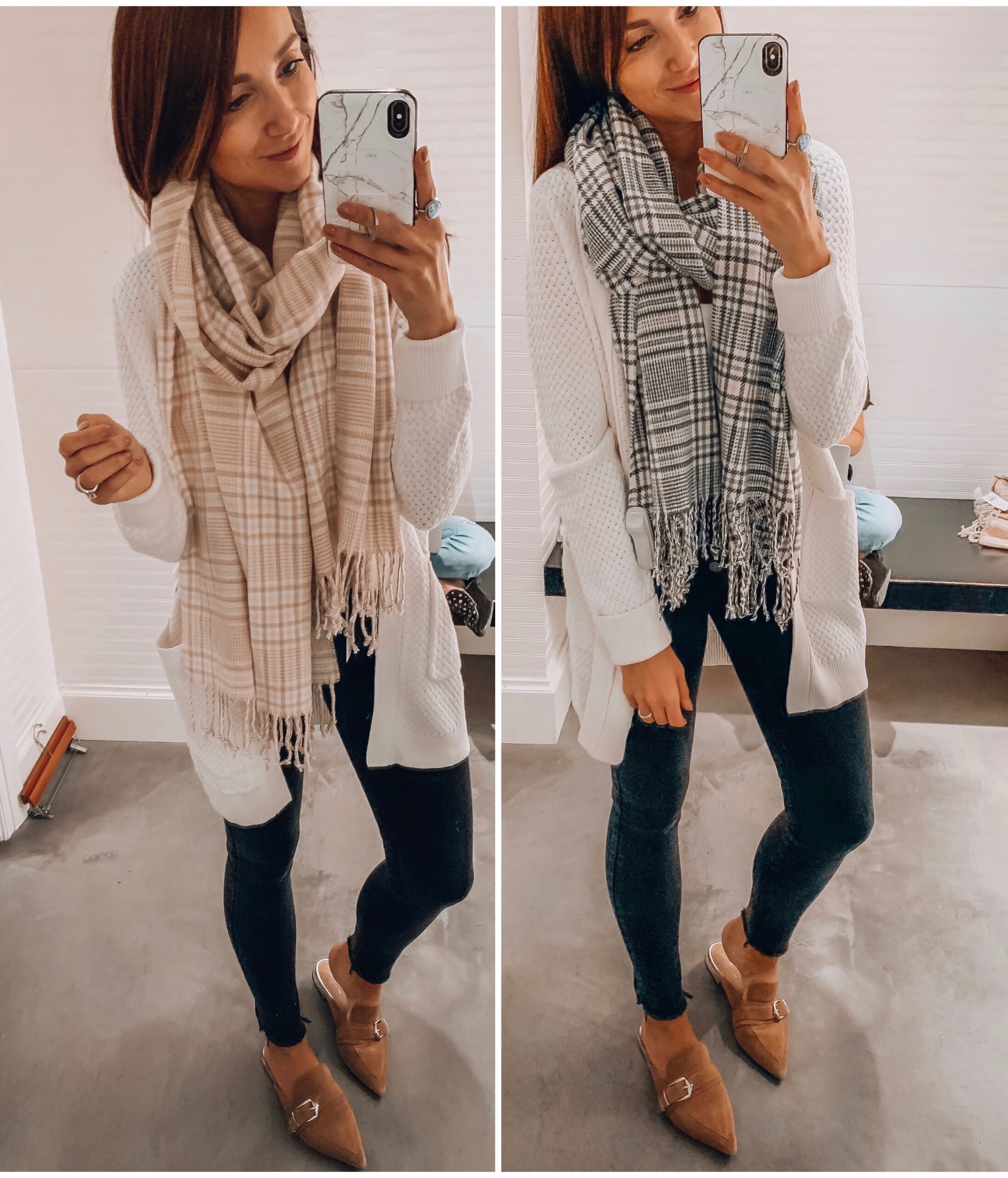 cardigan, jeans, scarf