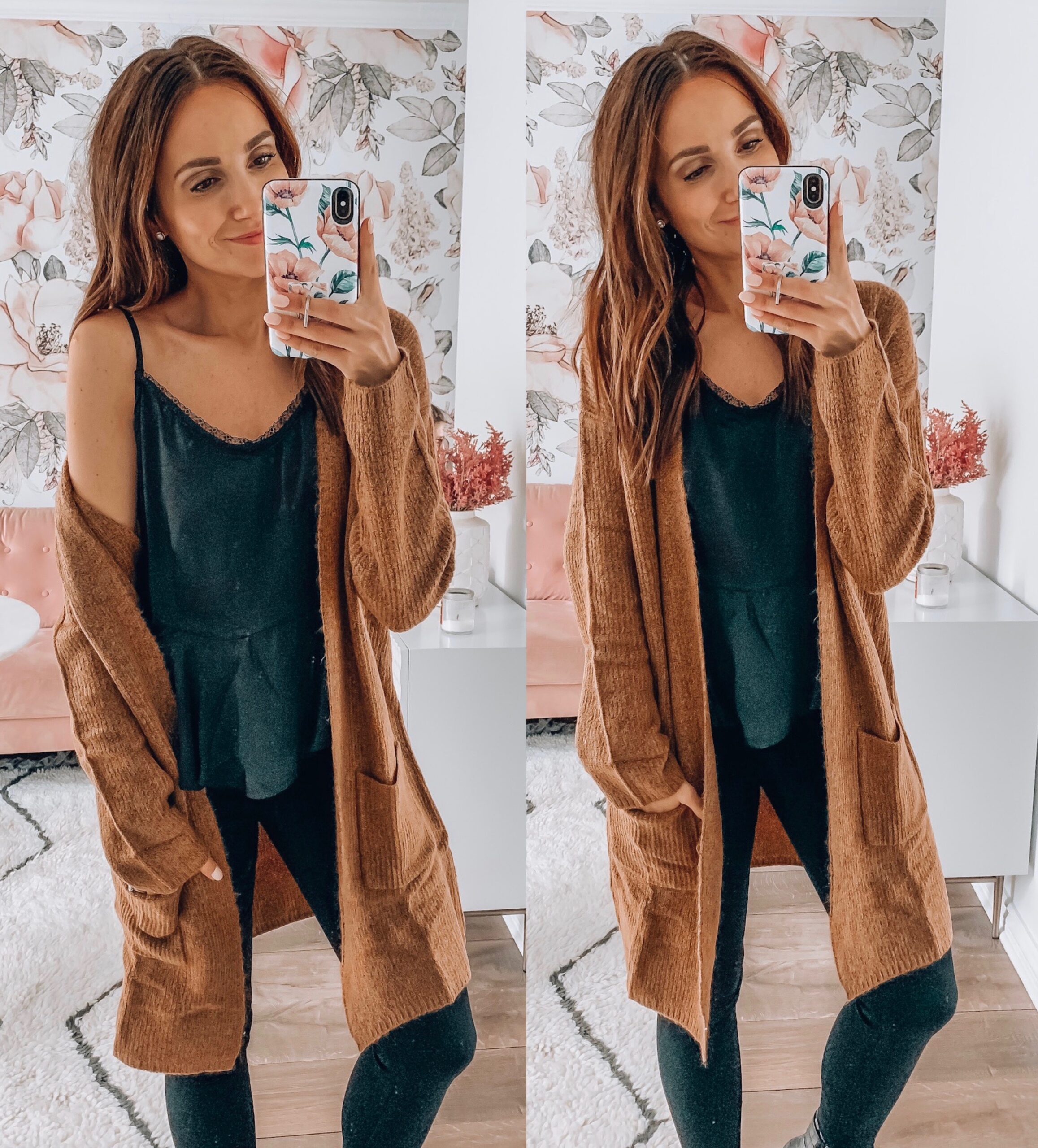 Cardigan, cami, jeggings, booties