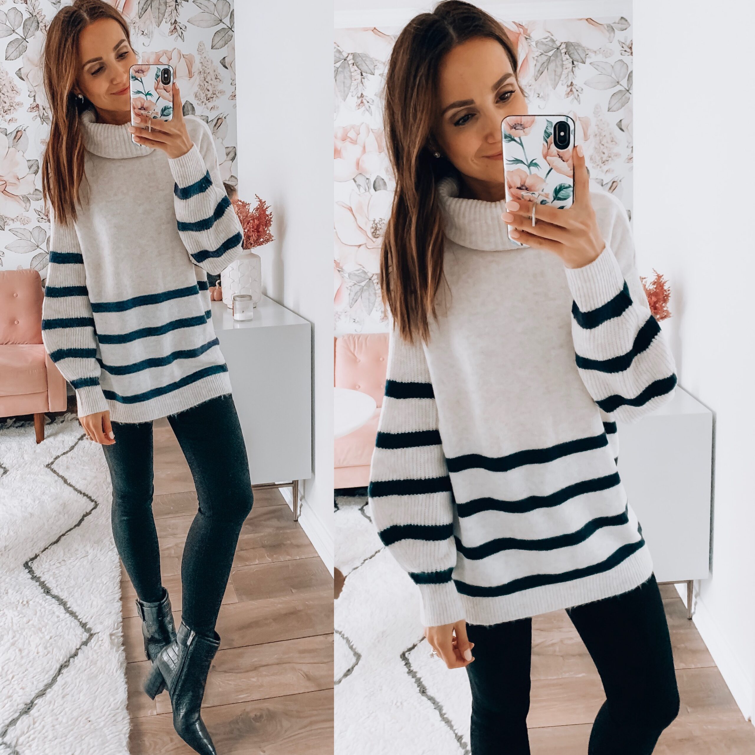 STRIPED SWEATER, JEGGINGS, BOOTIES