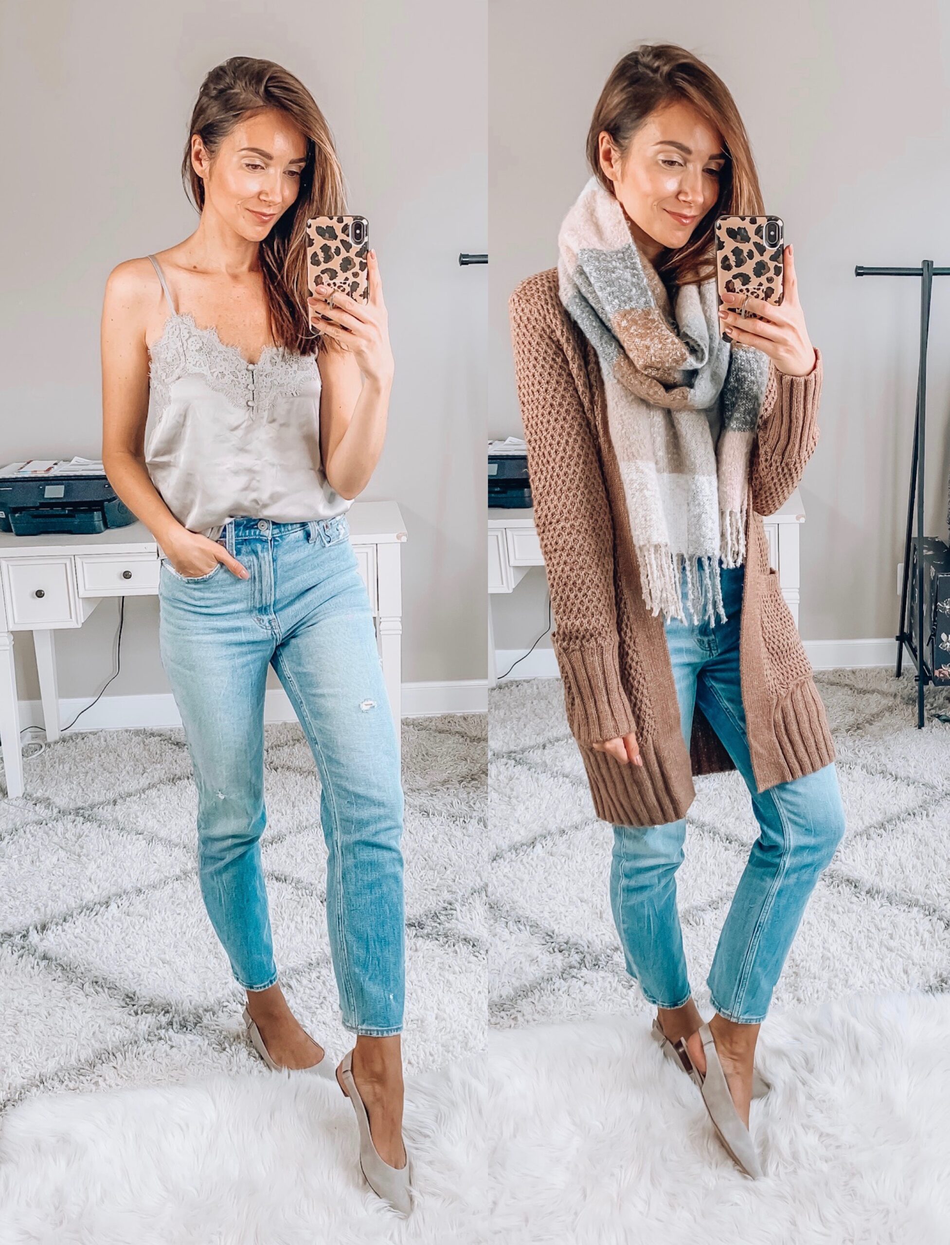 Cami, Jeans, Cardigan, Blanket Scarf