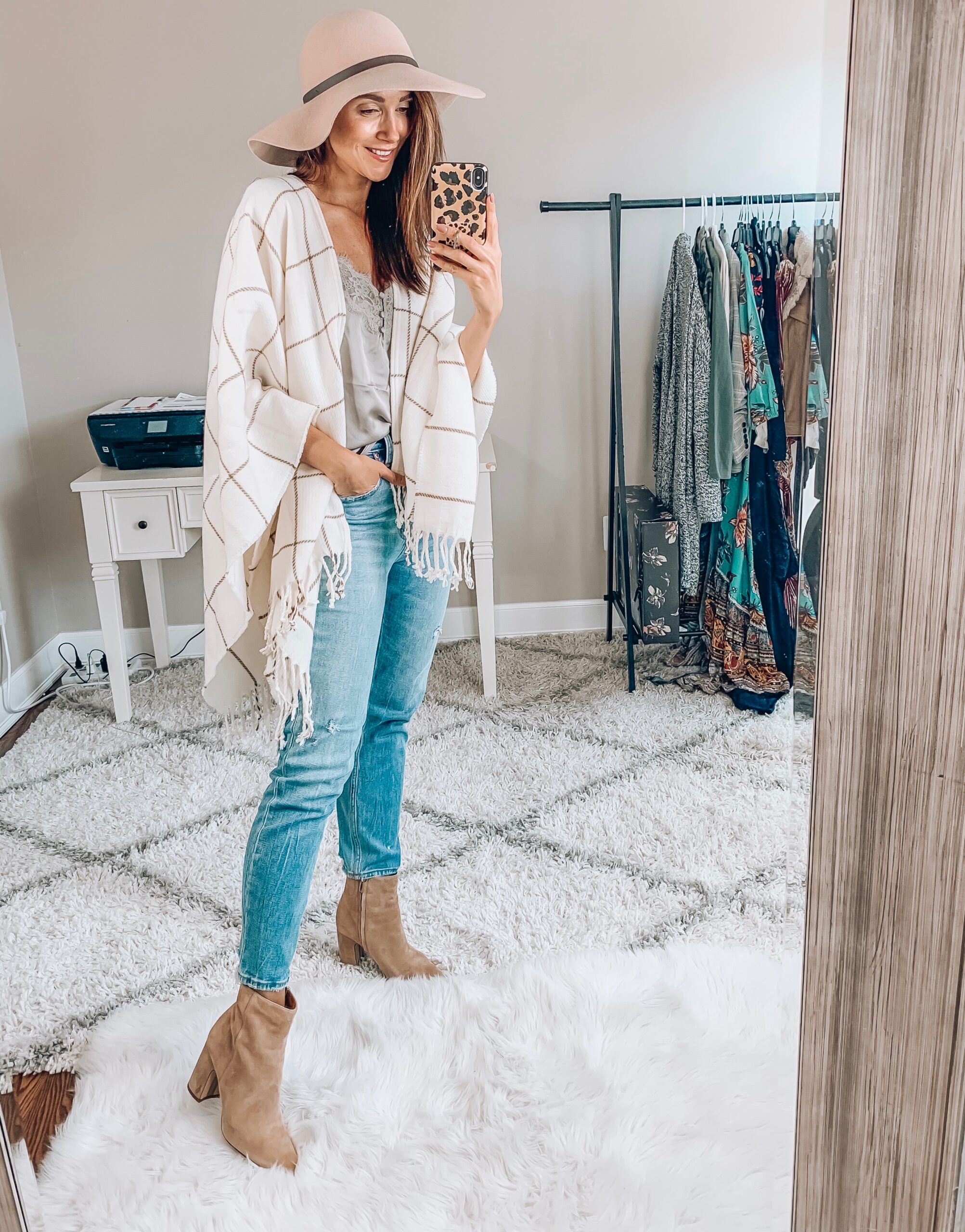 Jeans, Cami, Wrap, Hat, Booties