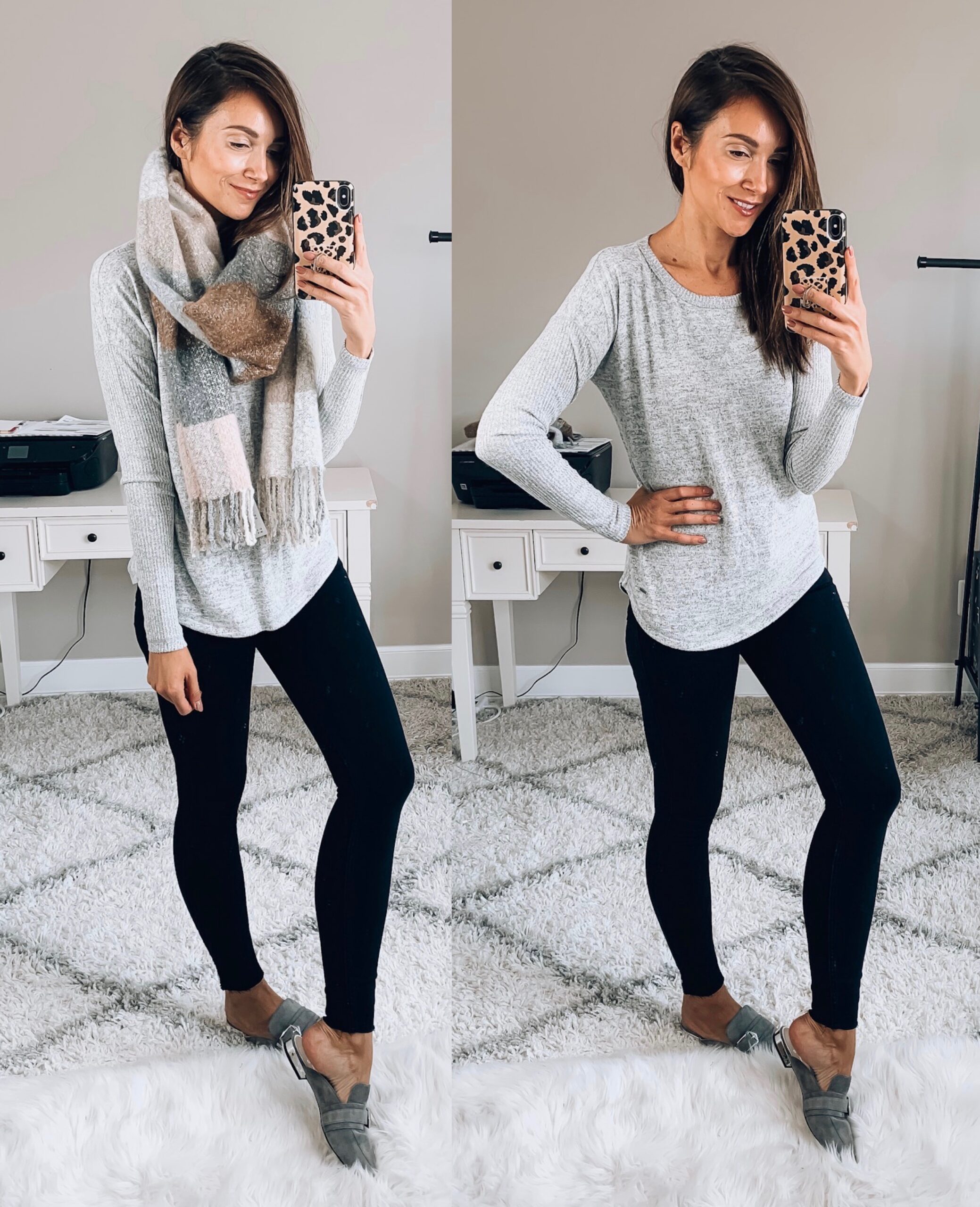 Tee, Jeans, Scarf, Mules