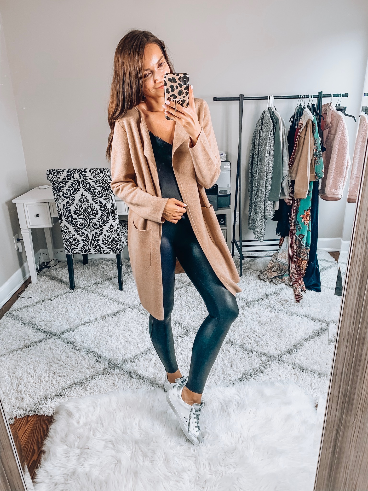 SWEATER BLAZER, LEGGINGS, TANK, SNEAKERS