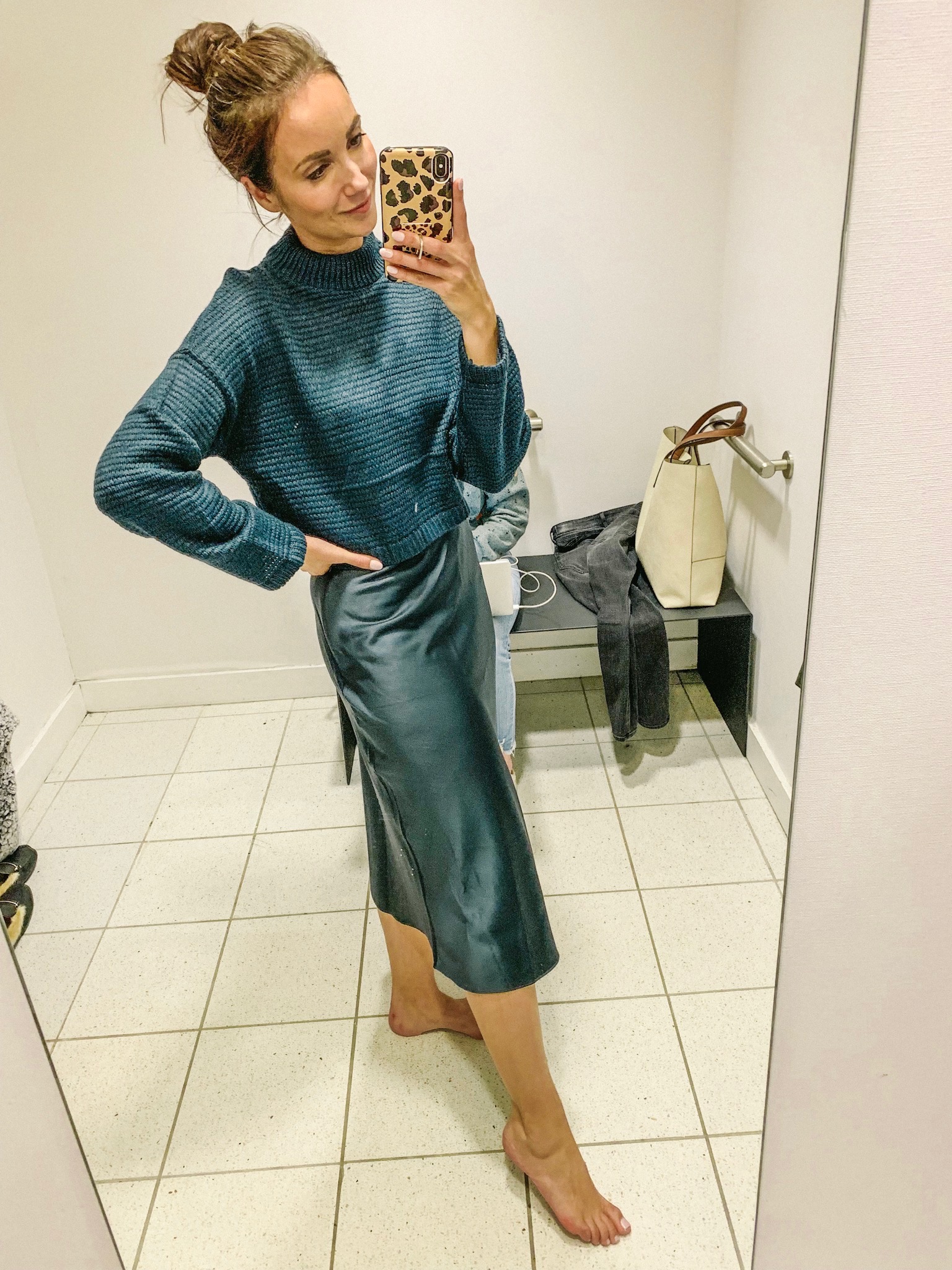 GREEN SWEATER, SATIN MIDI SKIRT