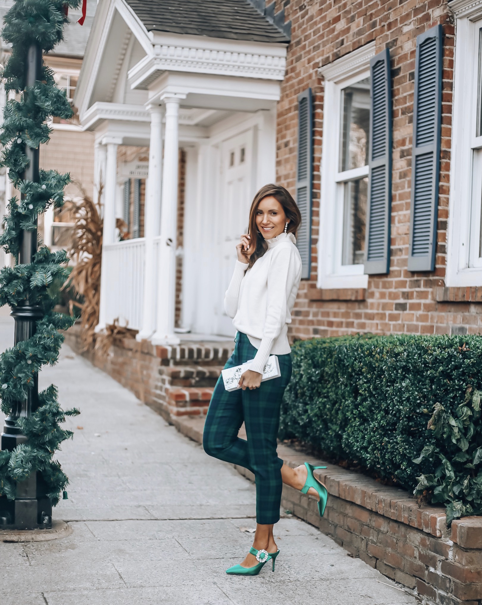 Holiday style with j.crew, plaid pants, sweater, kitten heels