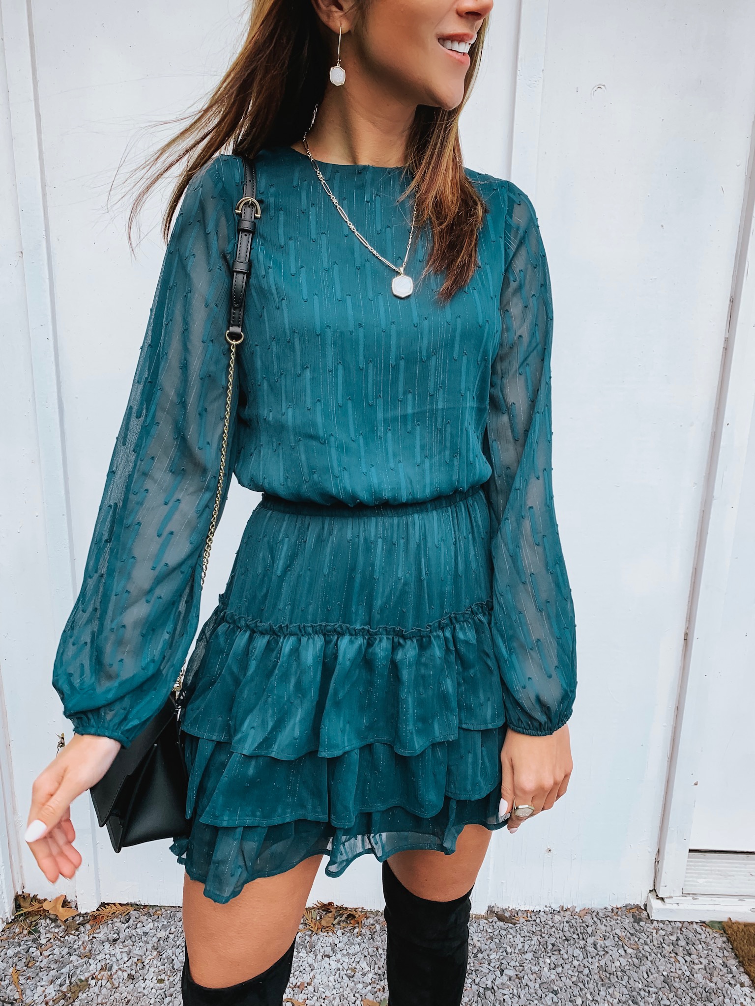 Green smocked dress, Over the knee boots