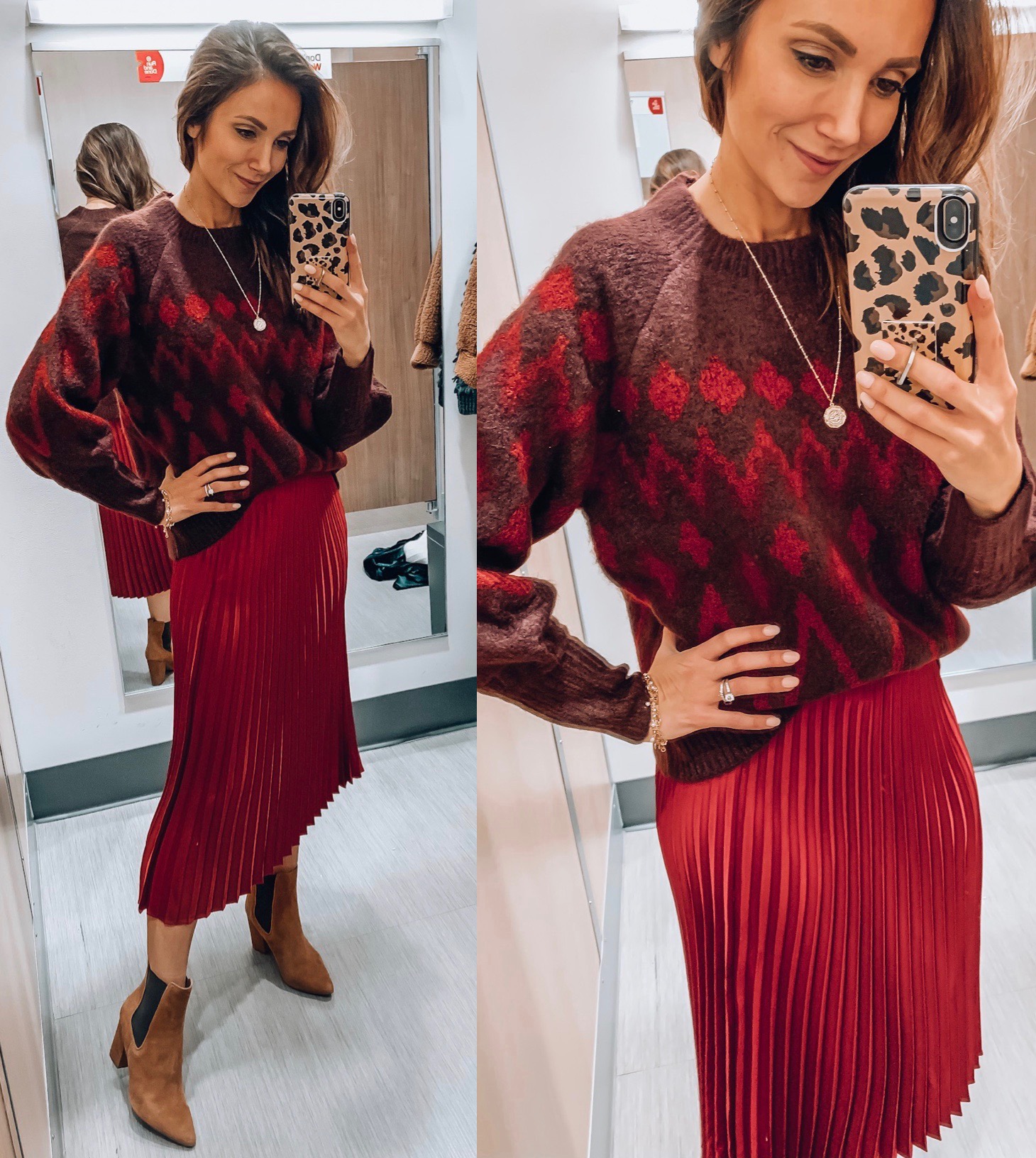 Red sweater, red satin midi skirt