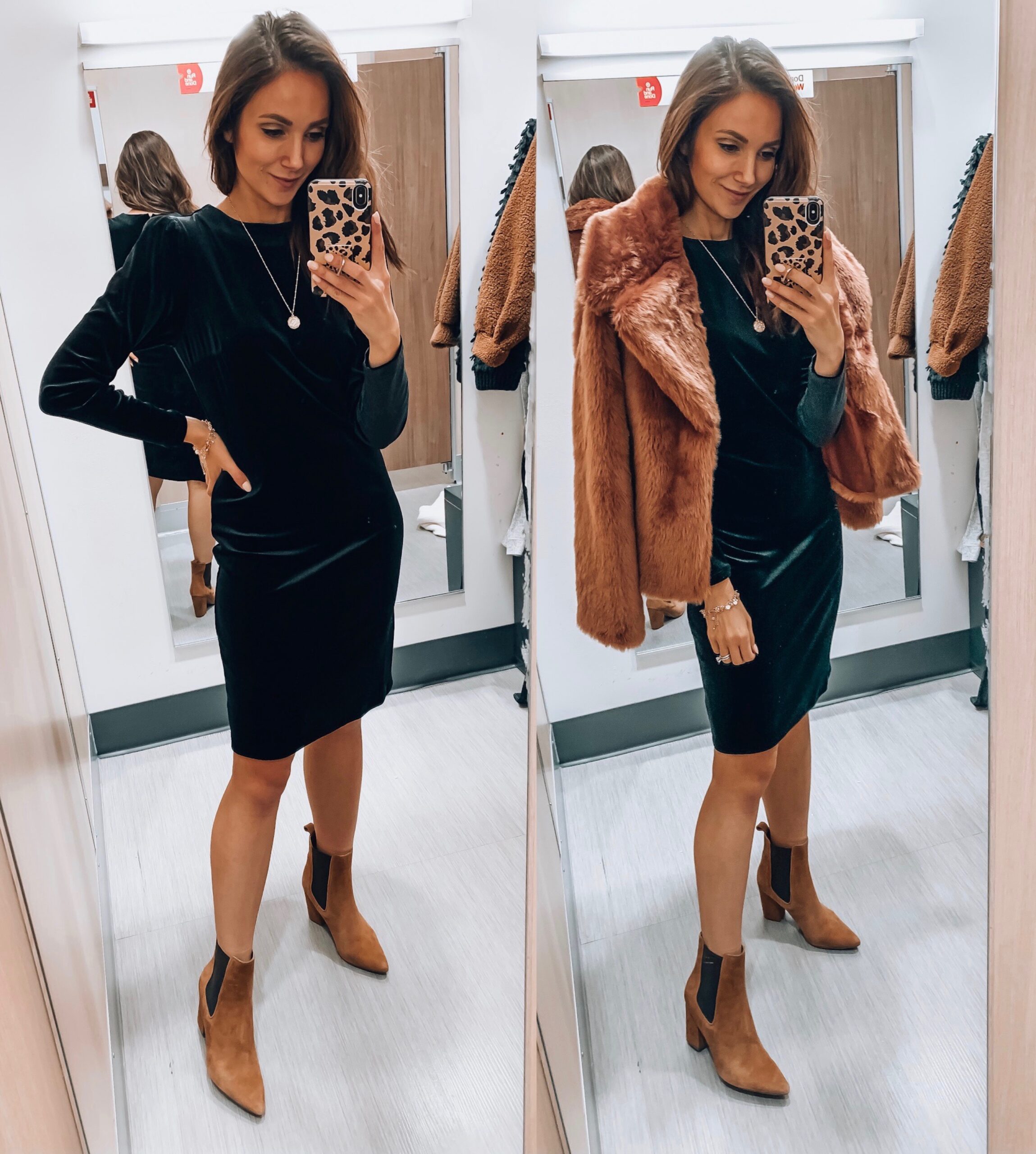 velvet dress, faux fur jacket