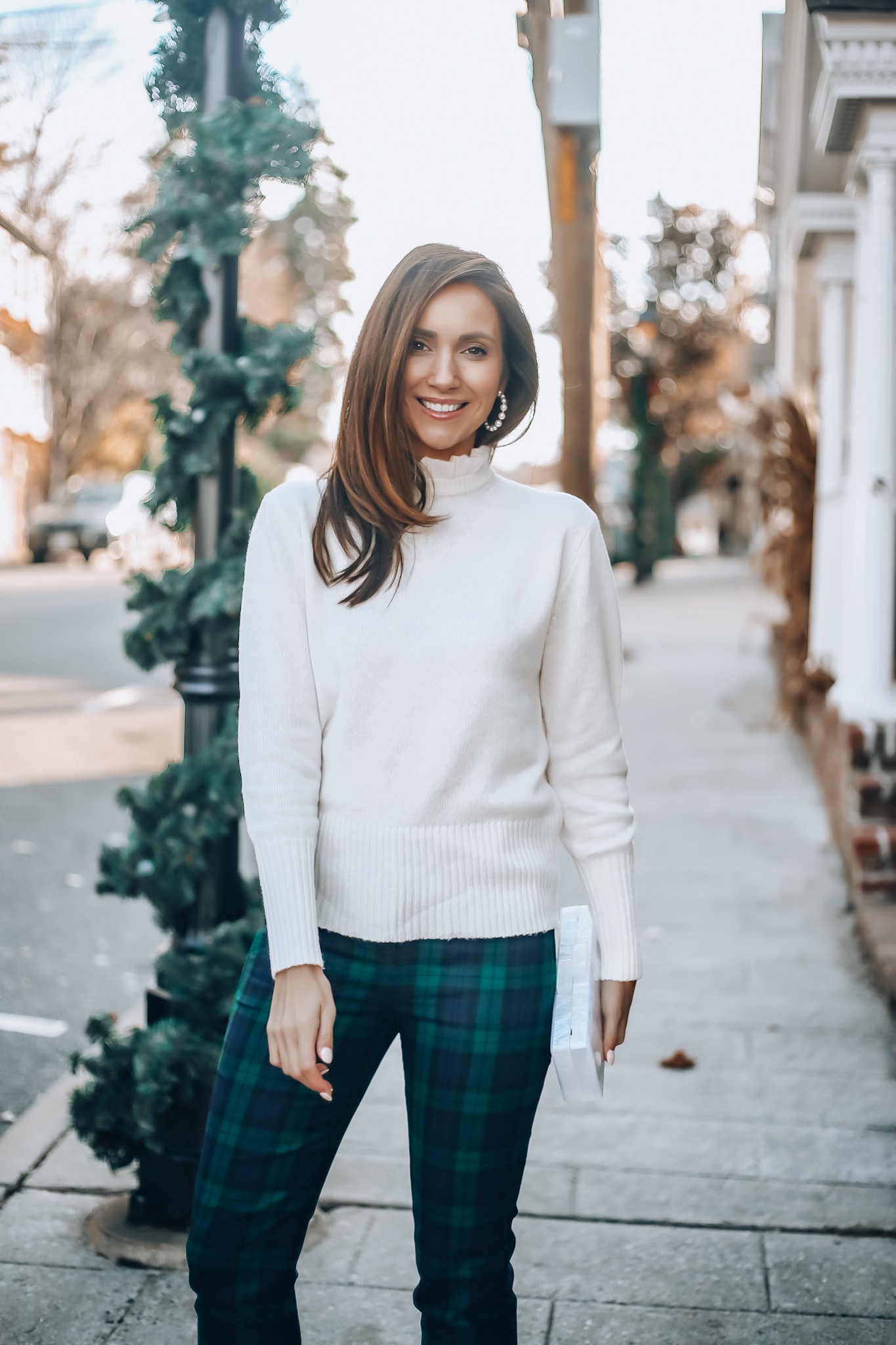 Sweater, plaid pants, J.Crew holiday style