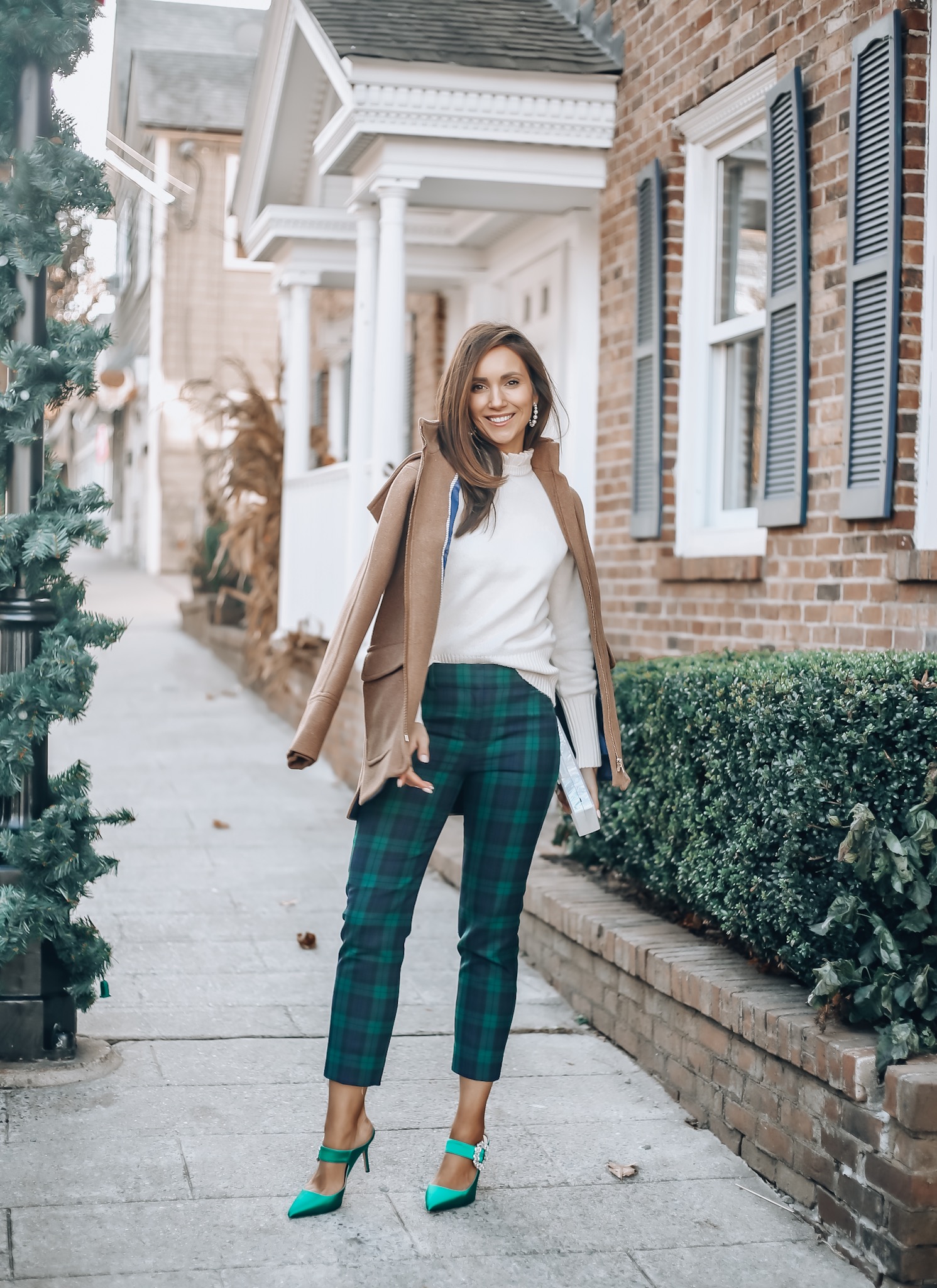 Wool Coat, Sweater, Plaid pants, holiday style with j.crew