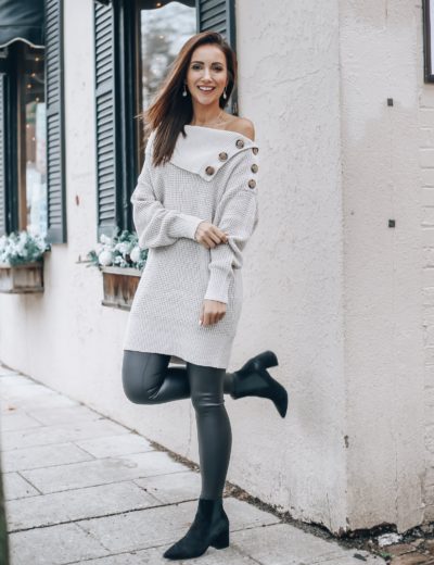 Tunic Sweater with buttons, Vegan Leather Leggings