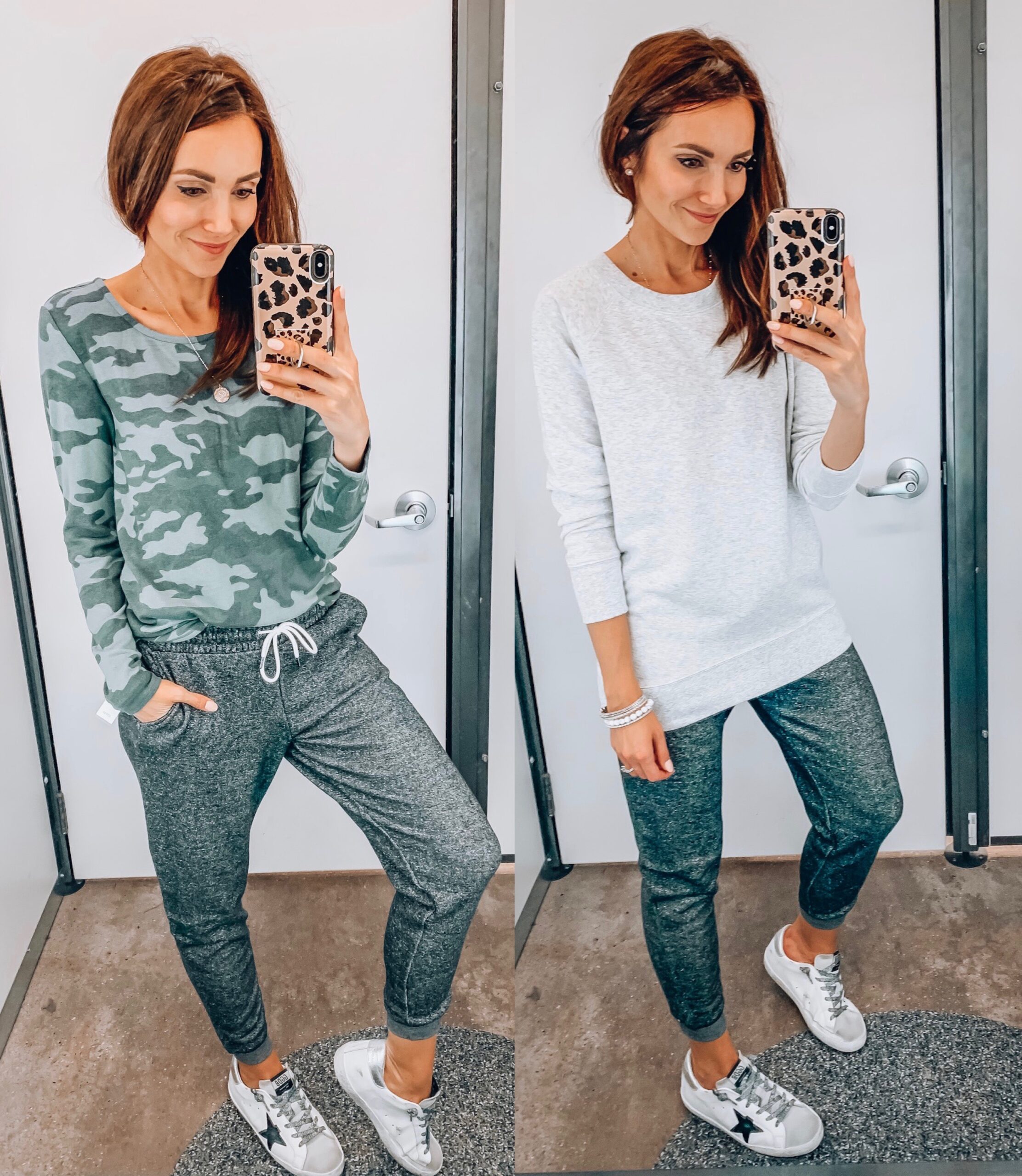 Loungewear, camo sweatshirt, grey joggers