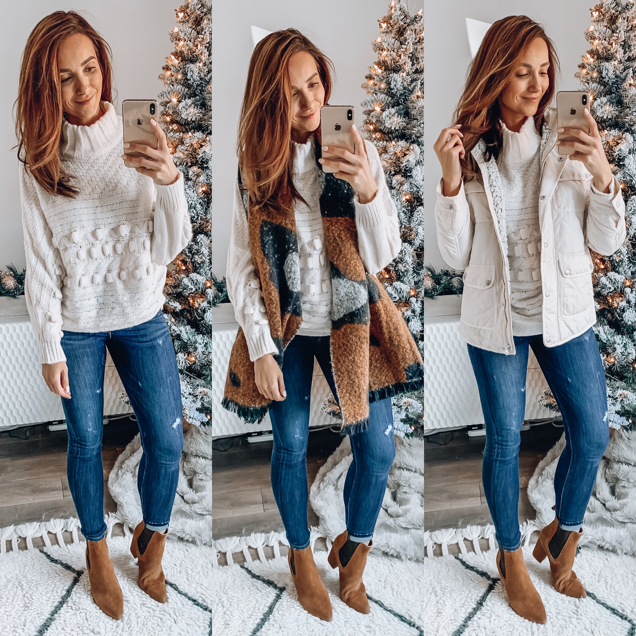 Cozy sweater, Jeans, Scarf, Booties, Fall Inspiration look