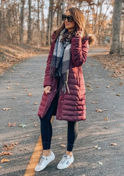 Long line puffer coat, scarf, leggings, fall style