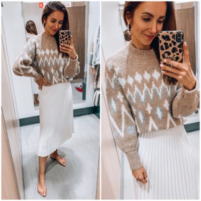 Fair Isle Sweater, White Pleated Skirt