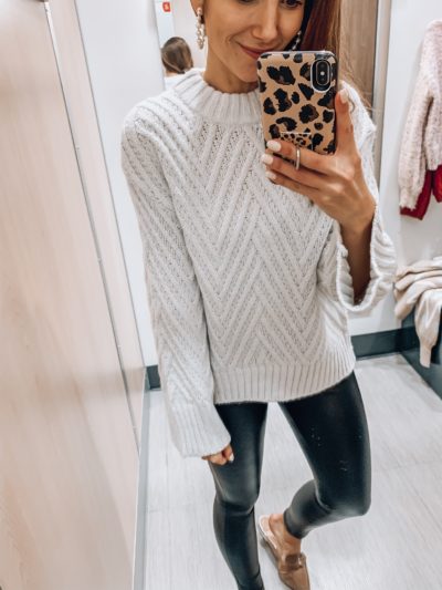 White sweater, faux leather leggings