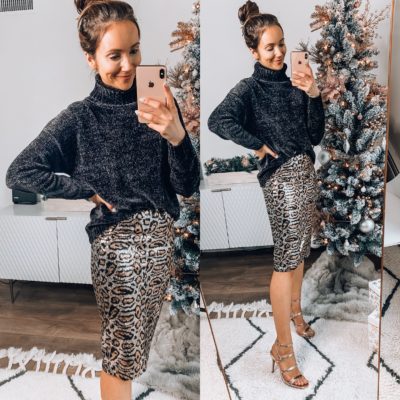 Walmart Sweater, Leopard sequin Skirt, Metallic Sandals