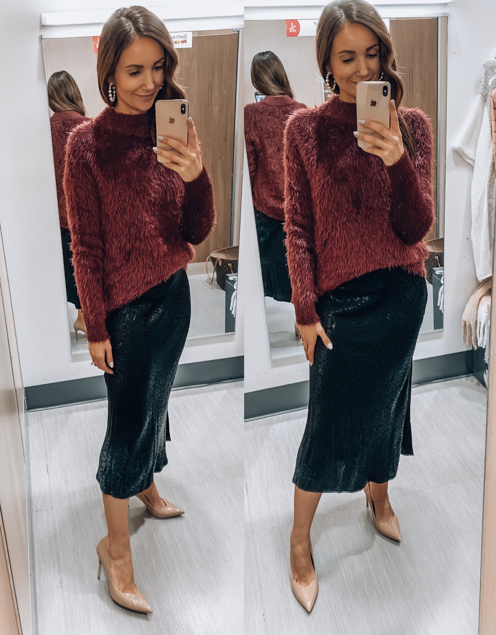 eyelash sweater, midi skirt