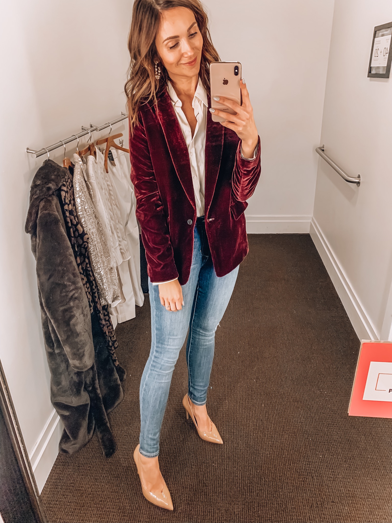 Woman wearing velvet banana republic blazer