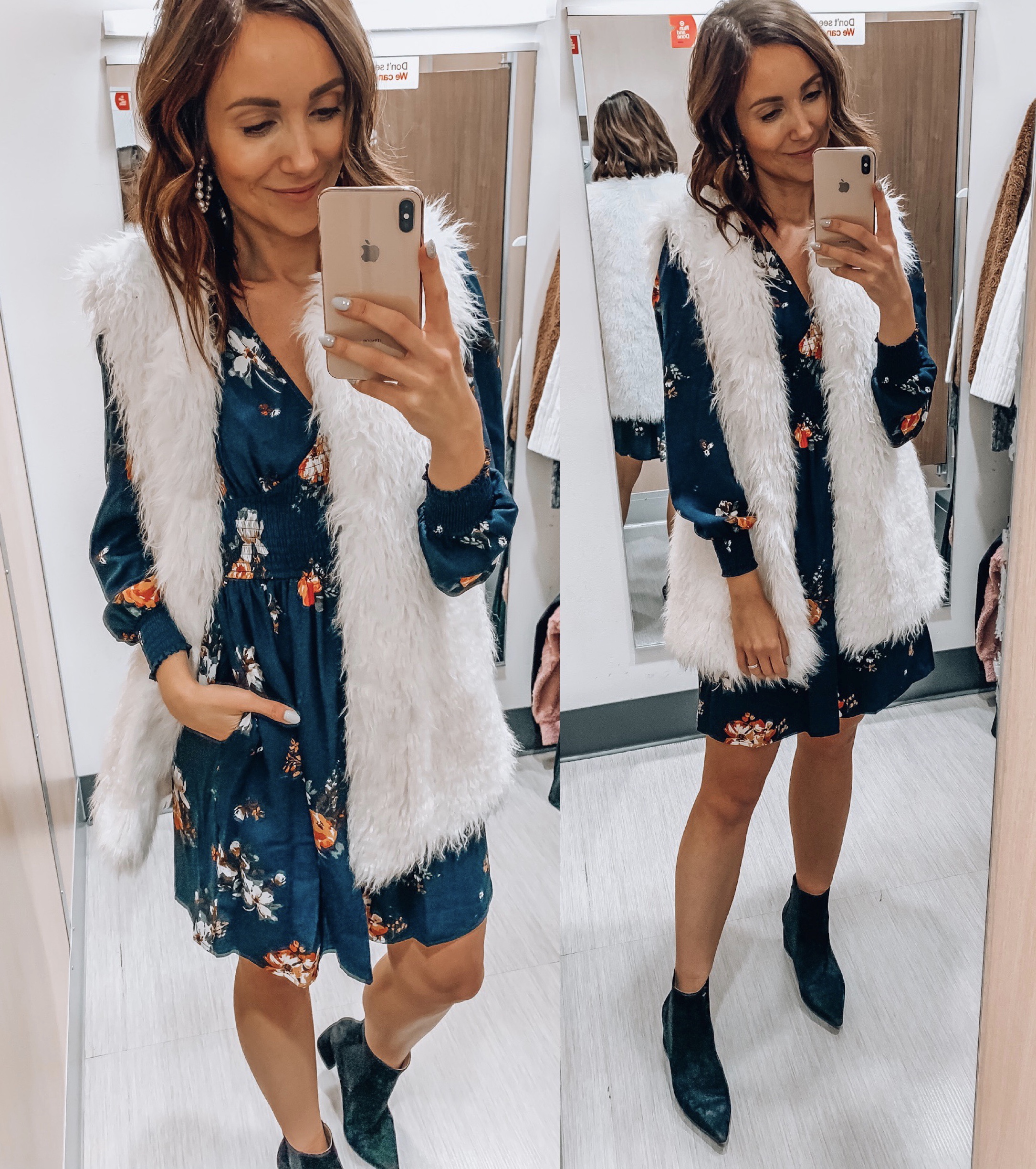 Woman wearing Target floral dress and Target faux fur vest