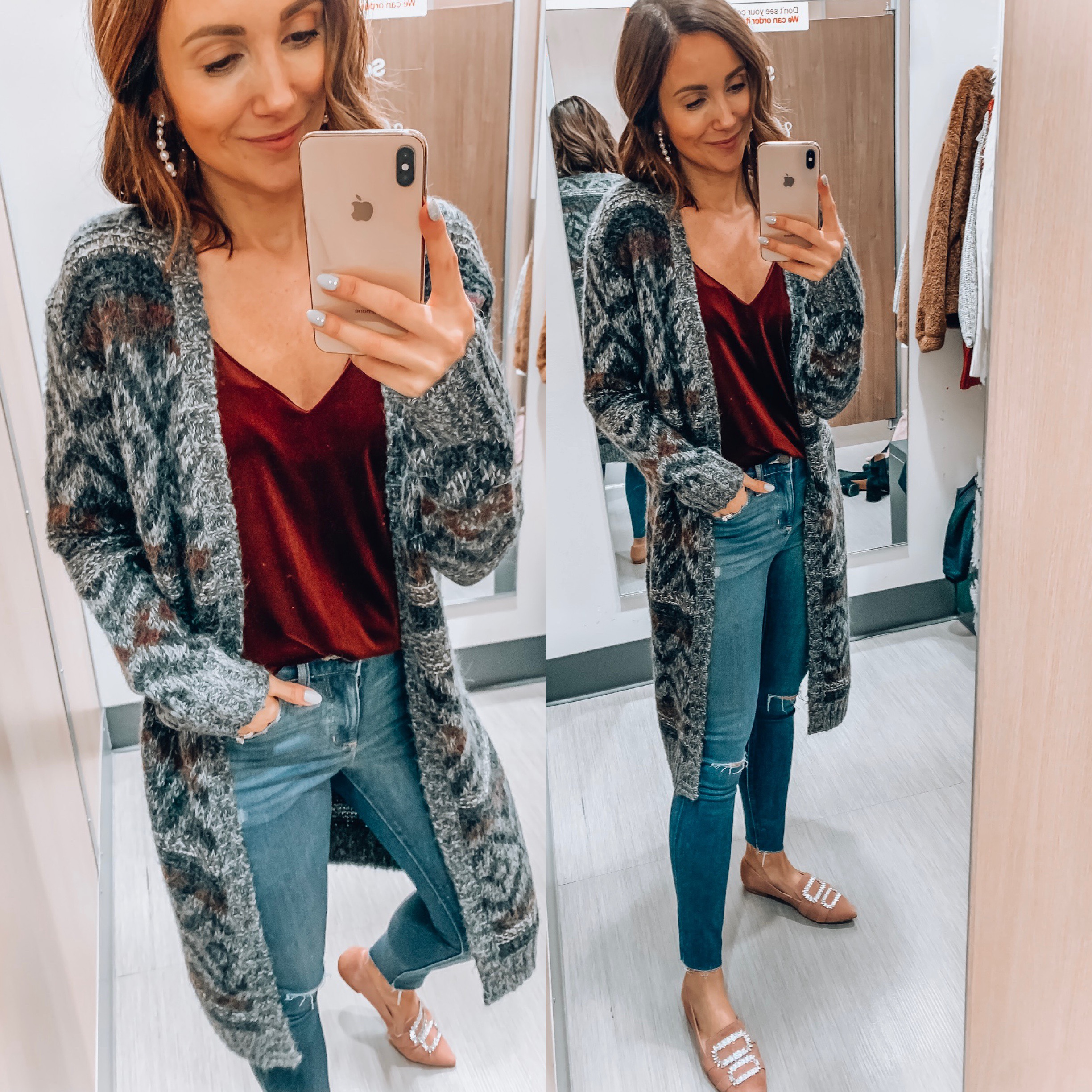 Woman wearing Target velvet tank and long cardigan