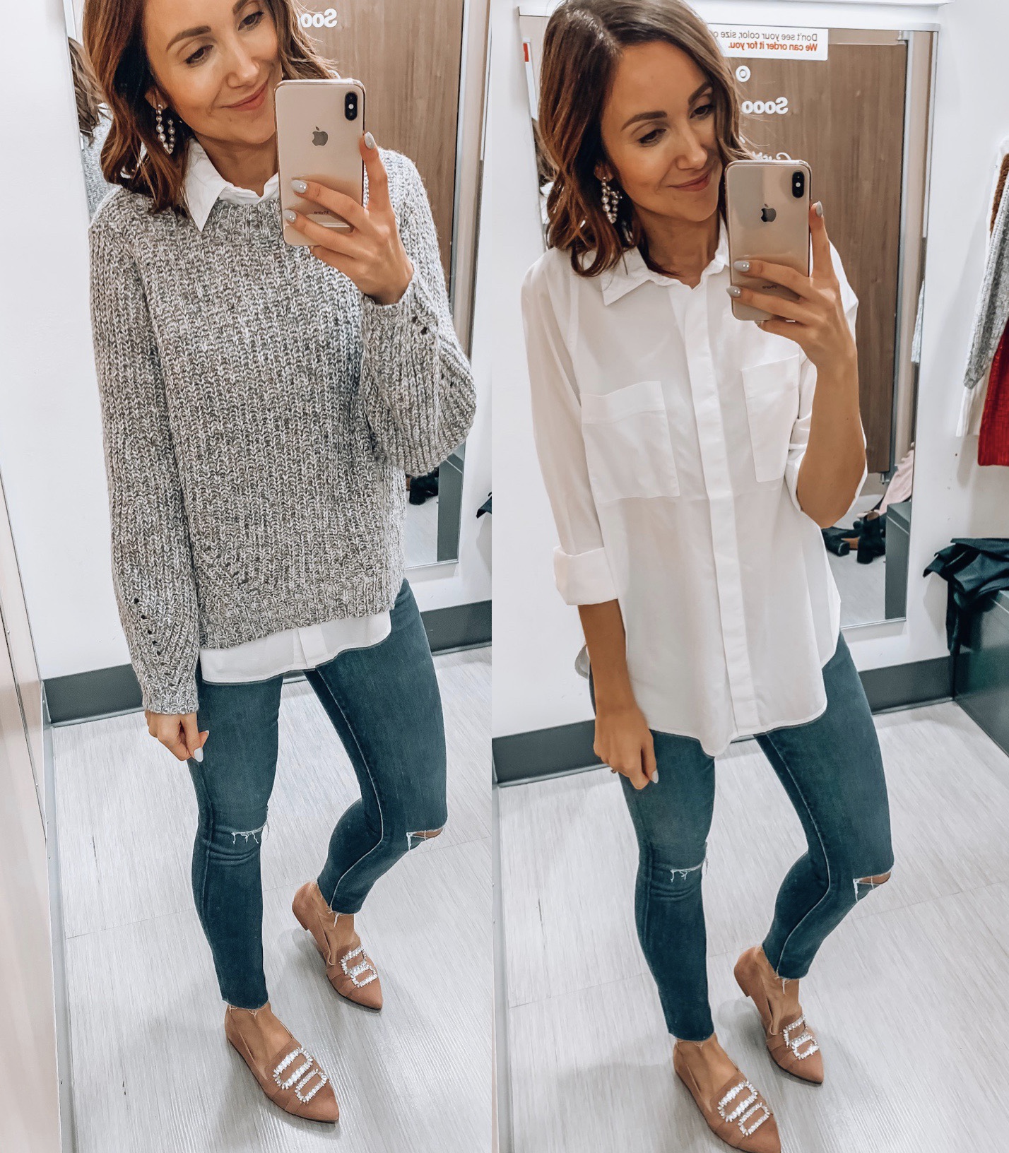 Woman wearing white button down shirt and sweater