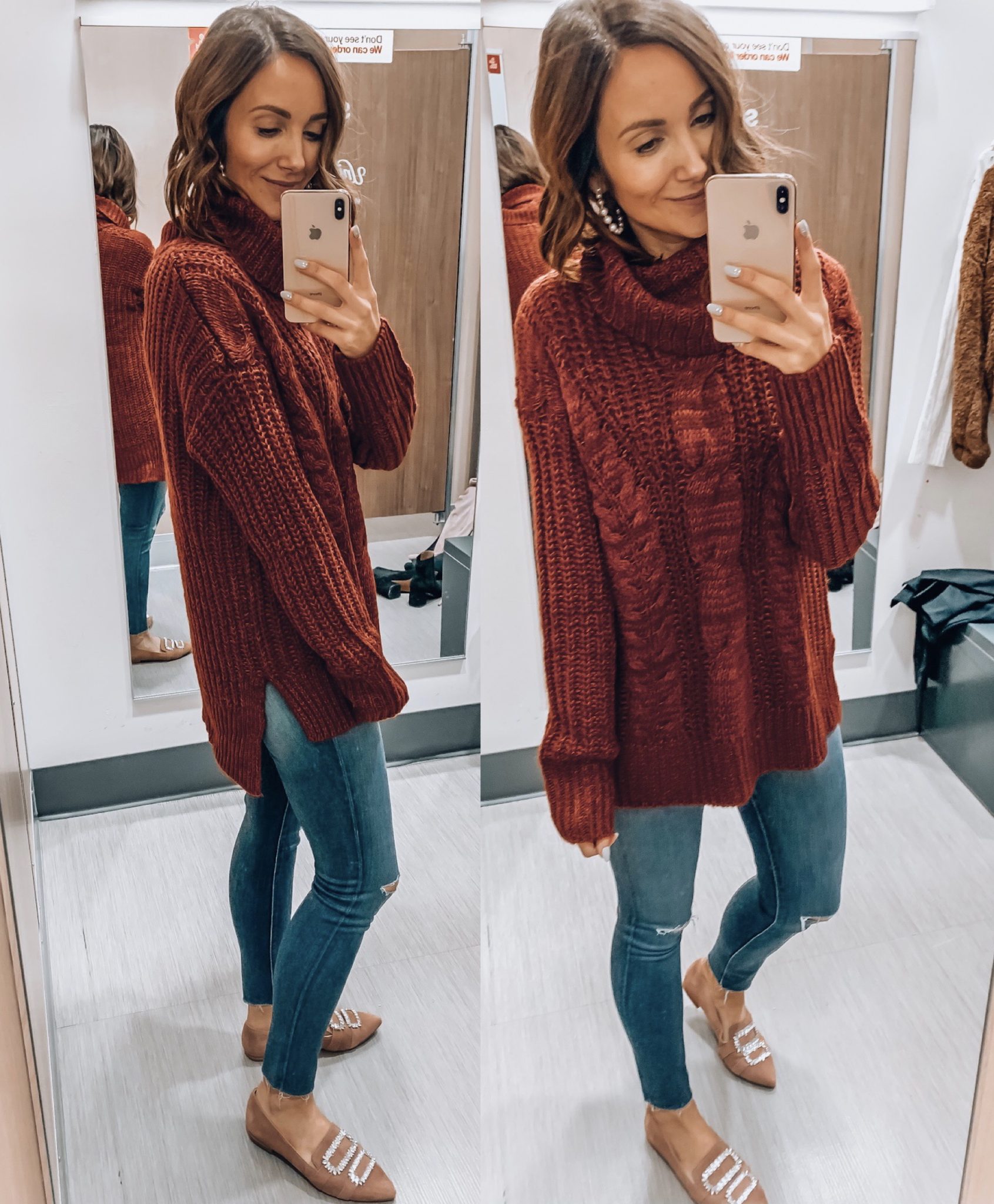Woman wearing Target red cowl neck sweater