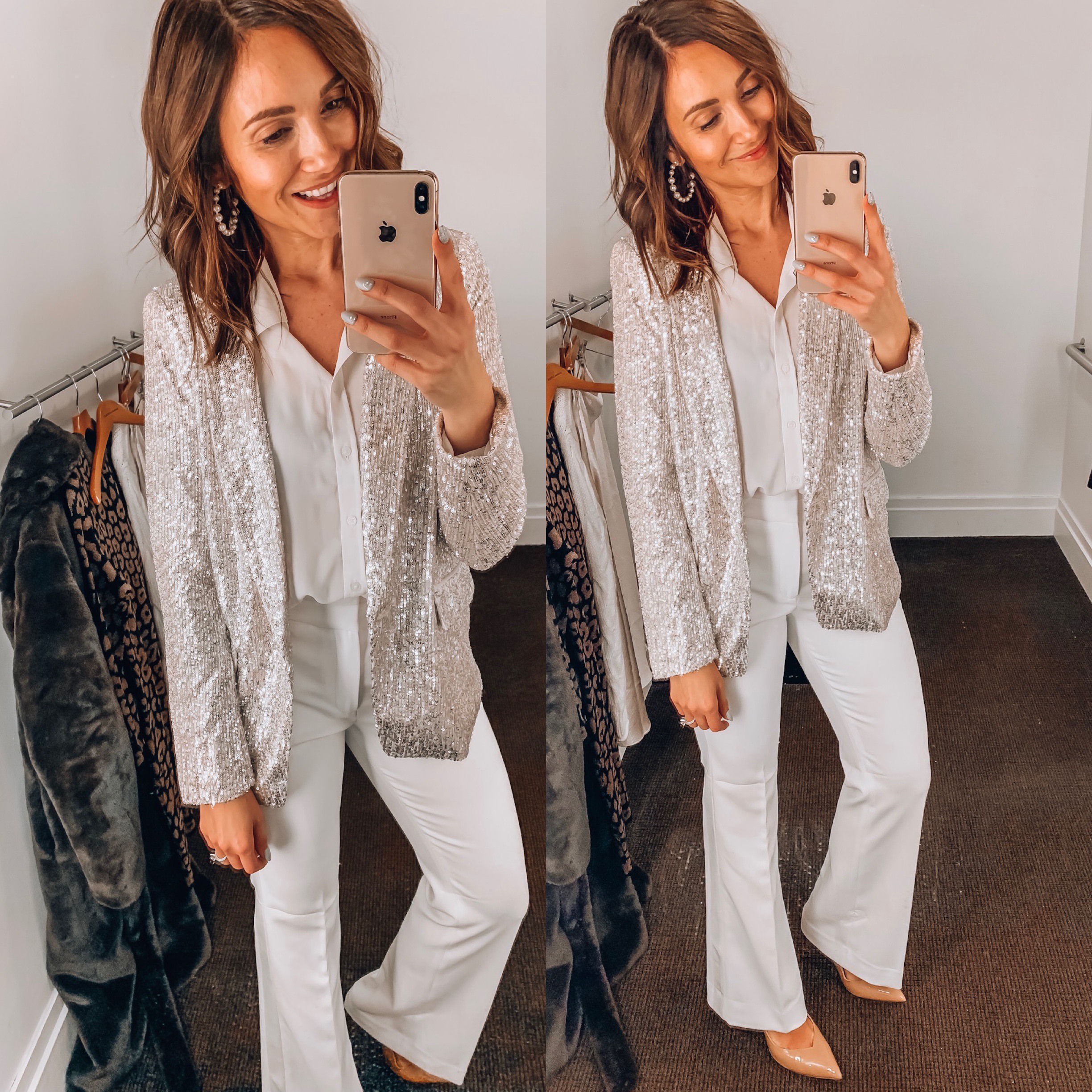 Woman wearing Banana Republic Sequin blazer and flared White Pants