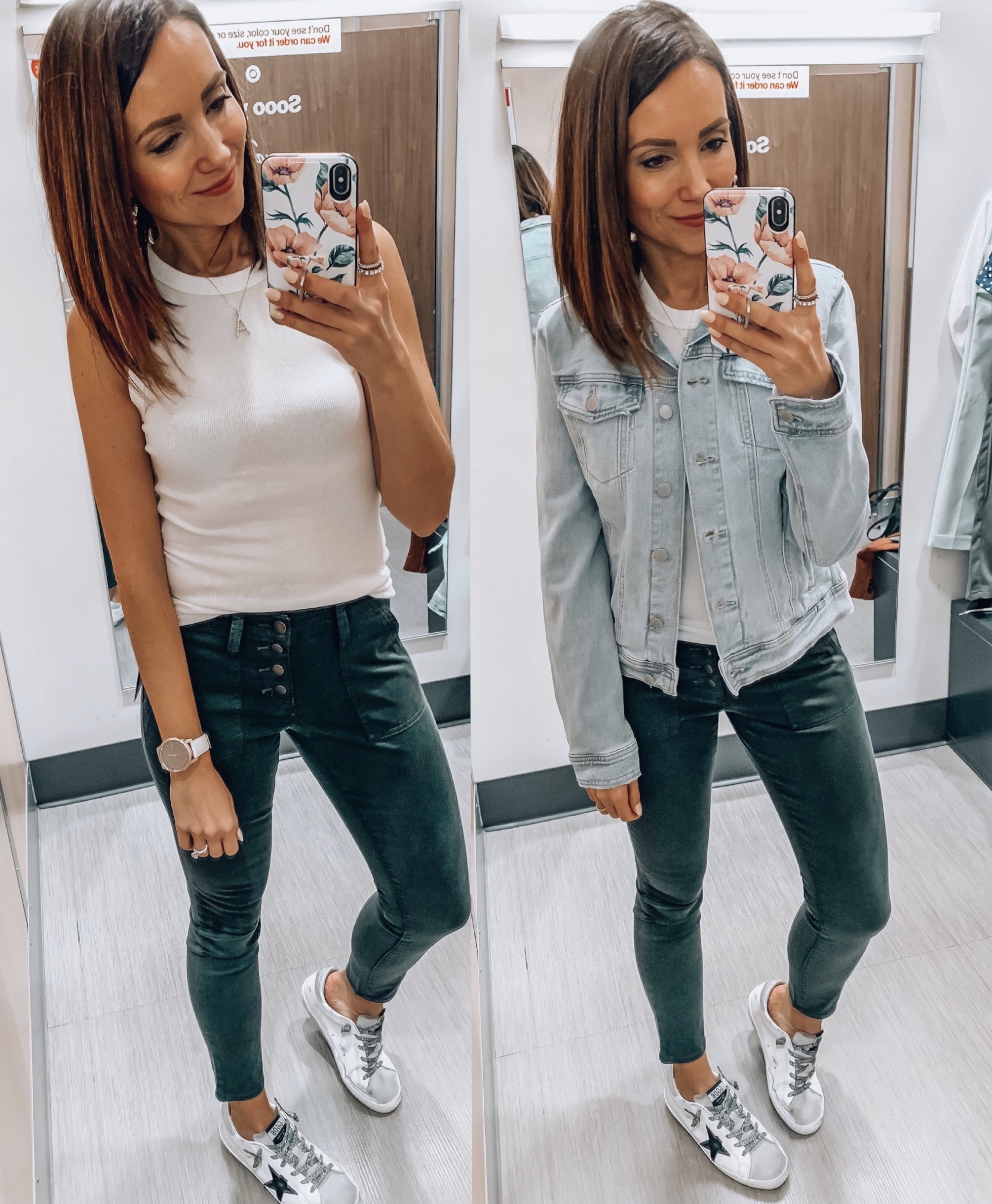woman wearing tank, jean jacket, casual style by Target