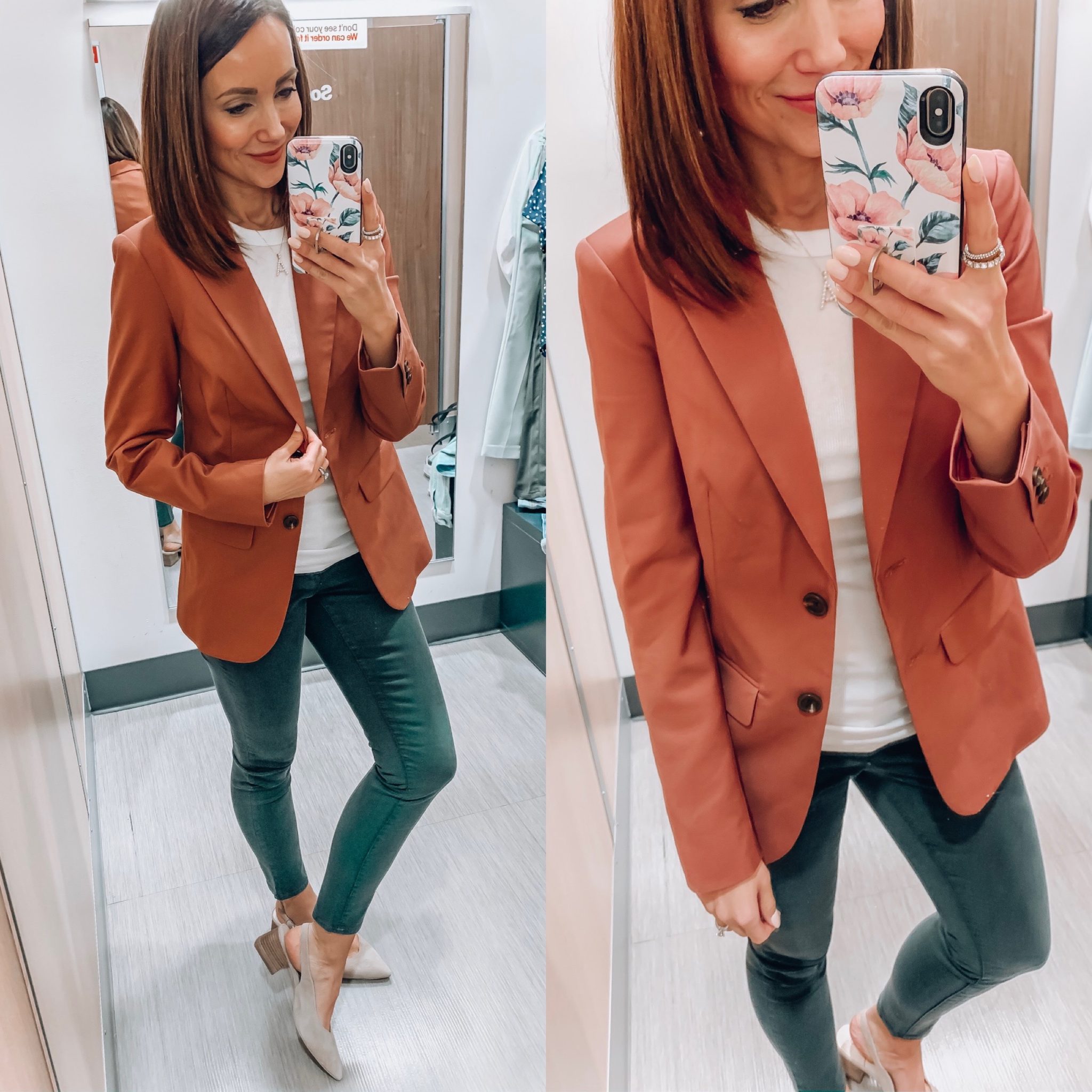 woman wearing blazer, white tank, target style