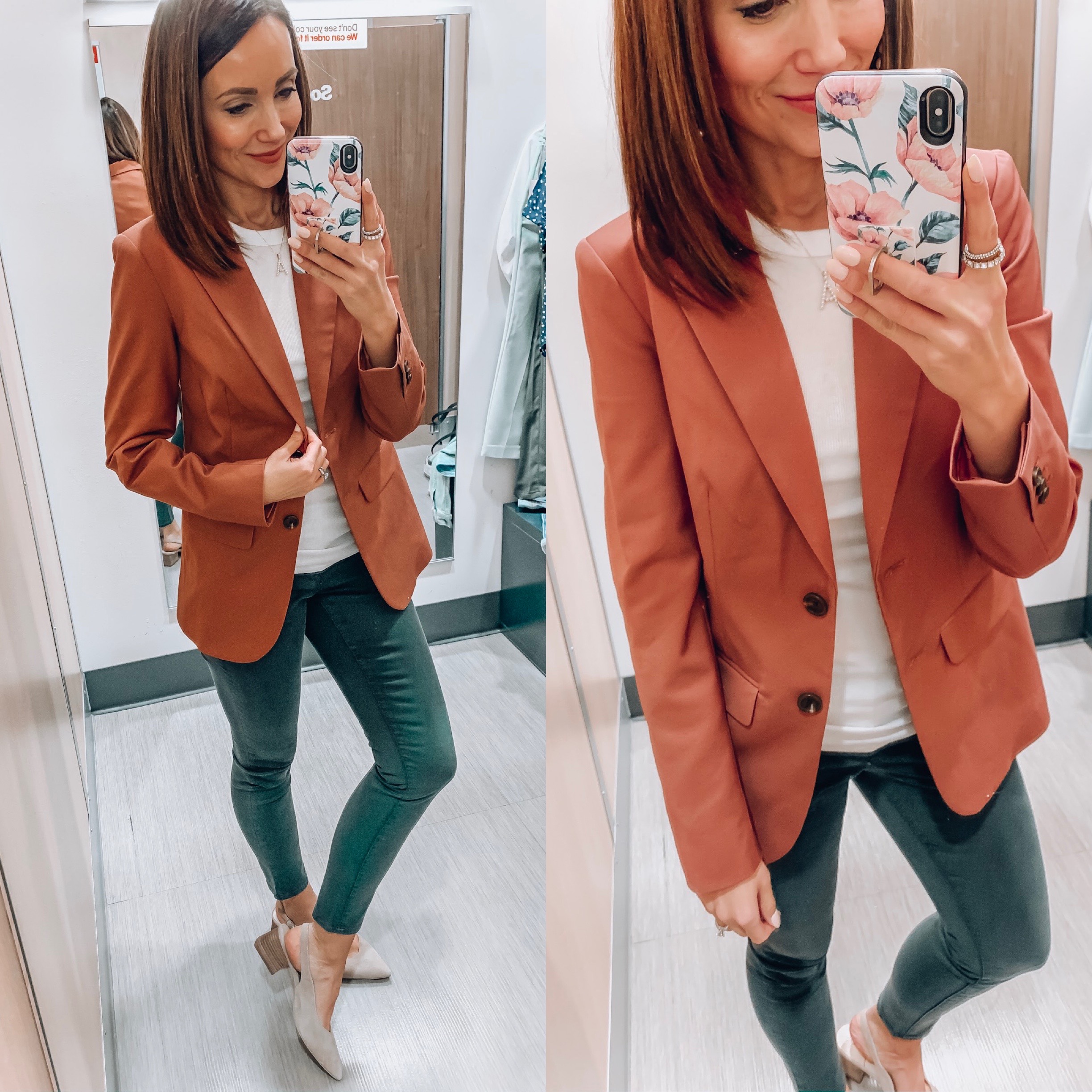 woman wearing blazer, white tank, target style