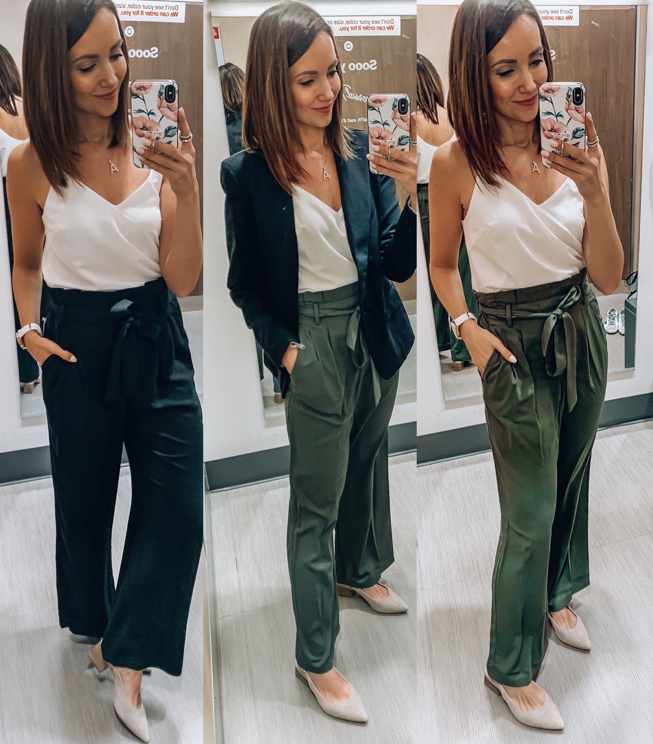 woman wearing workwear style, paperbag trousers, white cami, black blazer