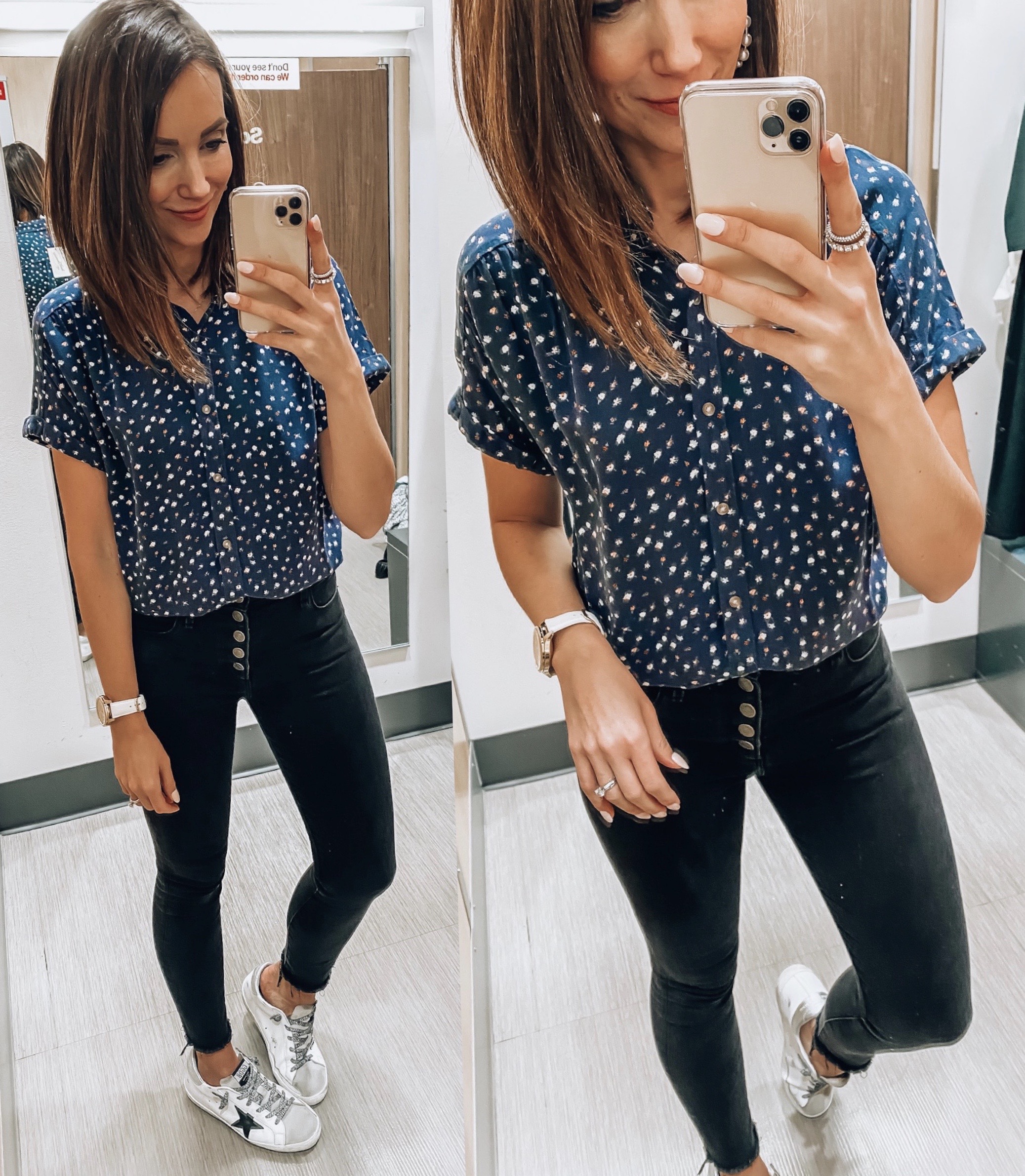 woman wearing blue printed button down, casual style 
