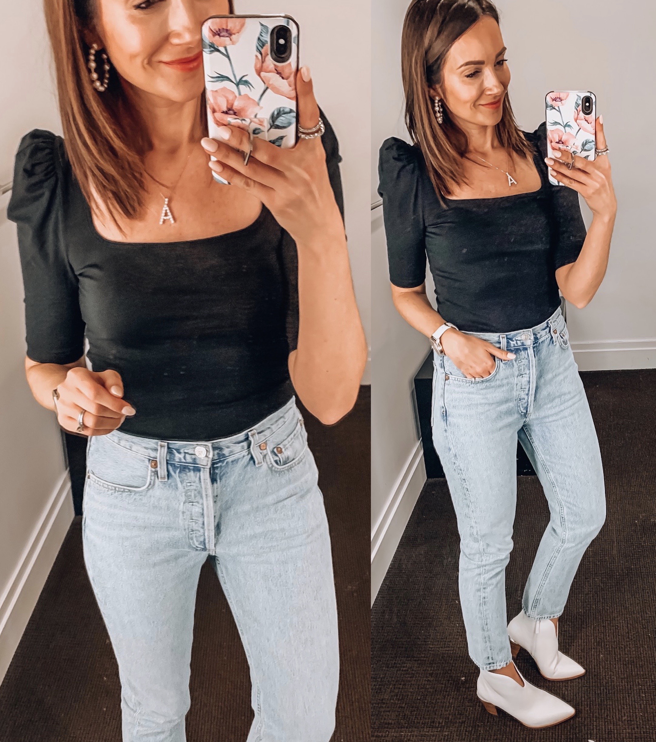 woman wearing puff sleeve shirt, jeans and white booties