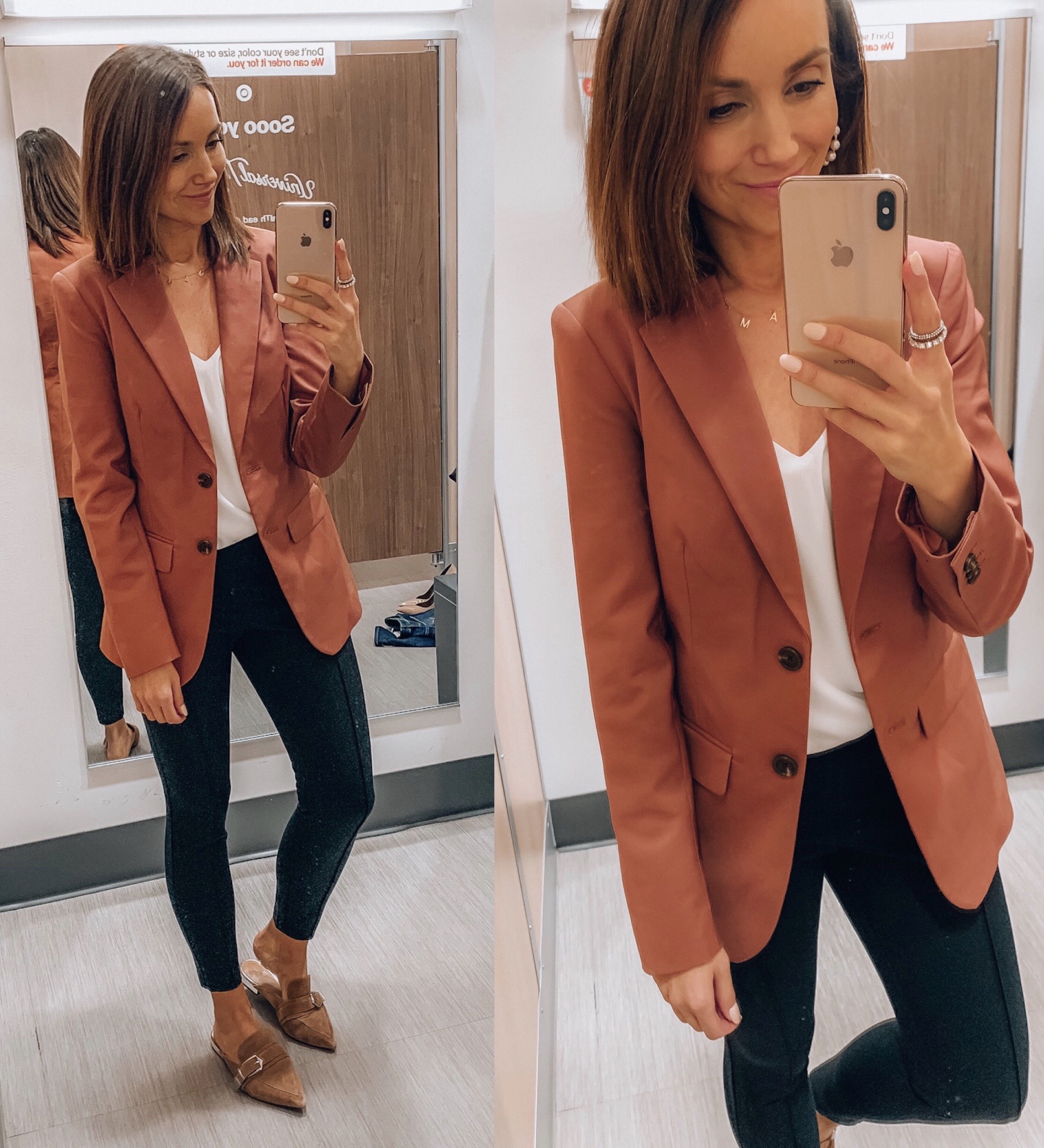 woman wearing blazer, black workpants, target workwear