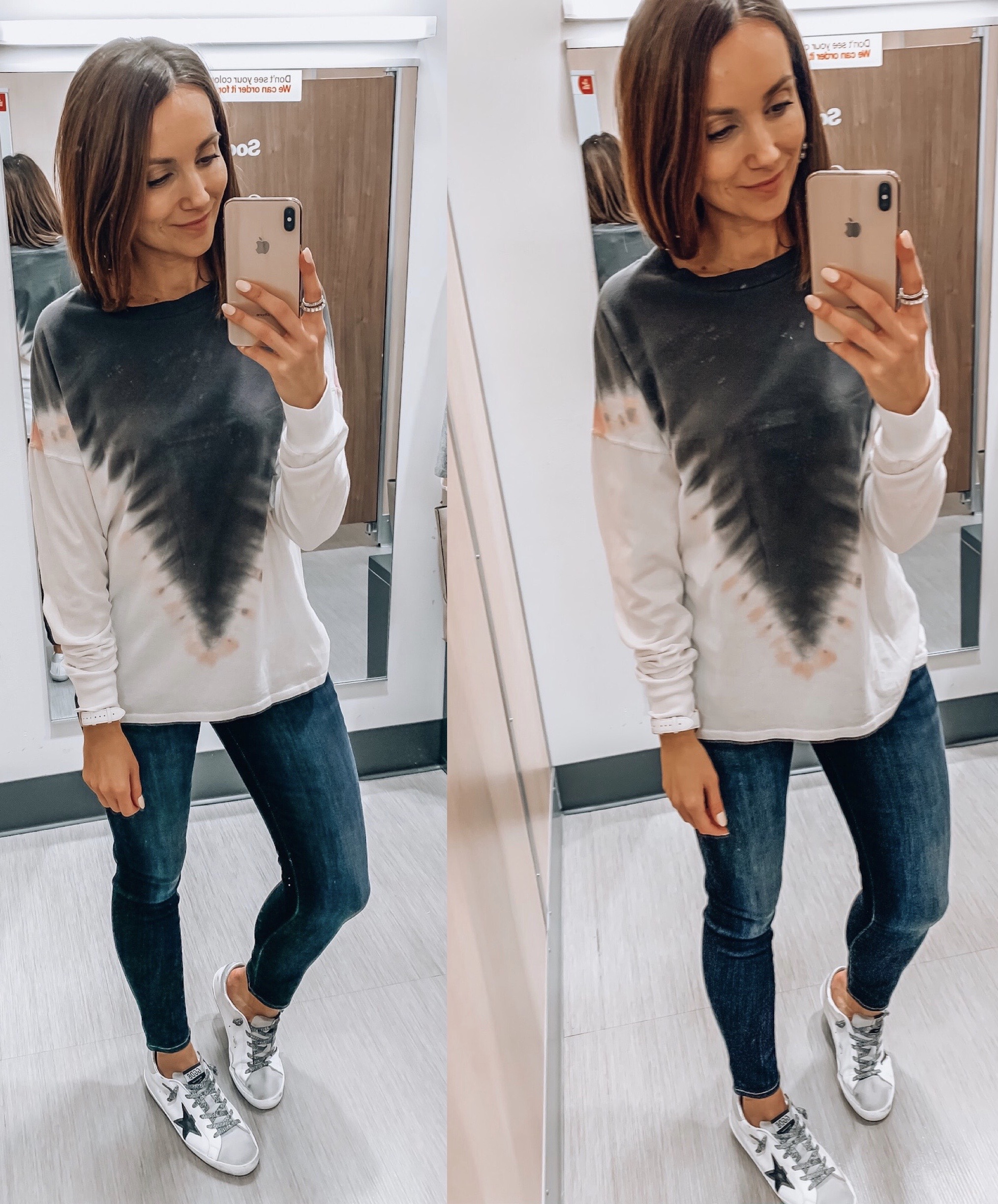 woman wearing tie dye tee, jeans, casual wear